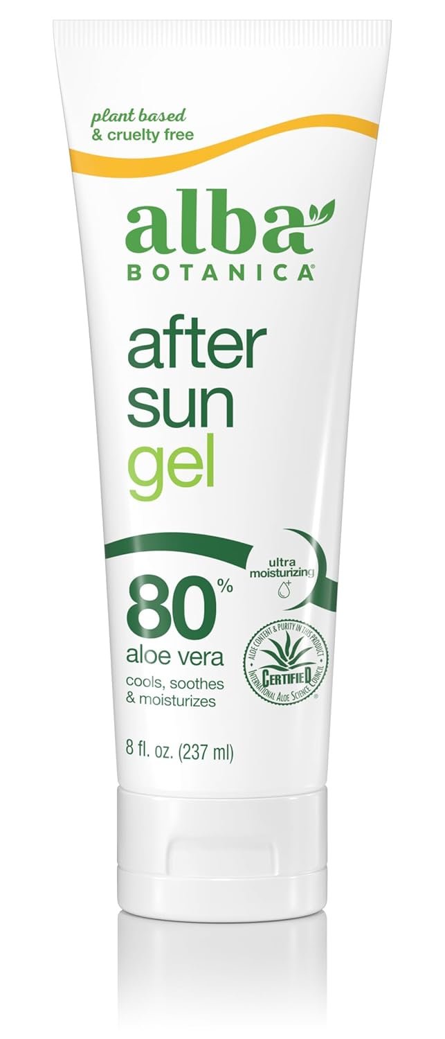 Alba Botanica Aloe Vera Gel for Skin, Cooling After Sun Treatment for Face and Body, Made with Purity Certified 80% Aloe Vera Gel Formula, 8 fl. oz. Tube (Packaging May Vary)