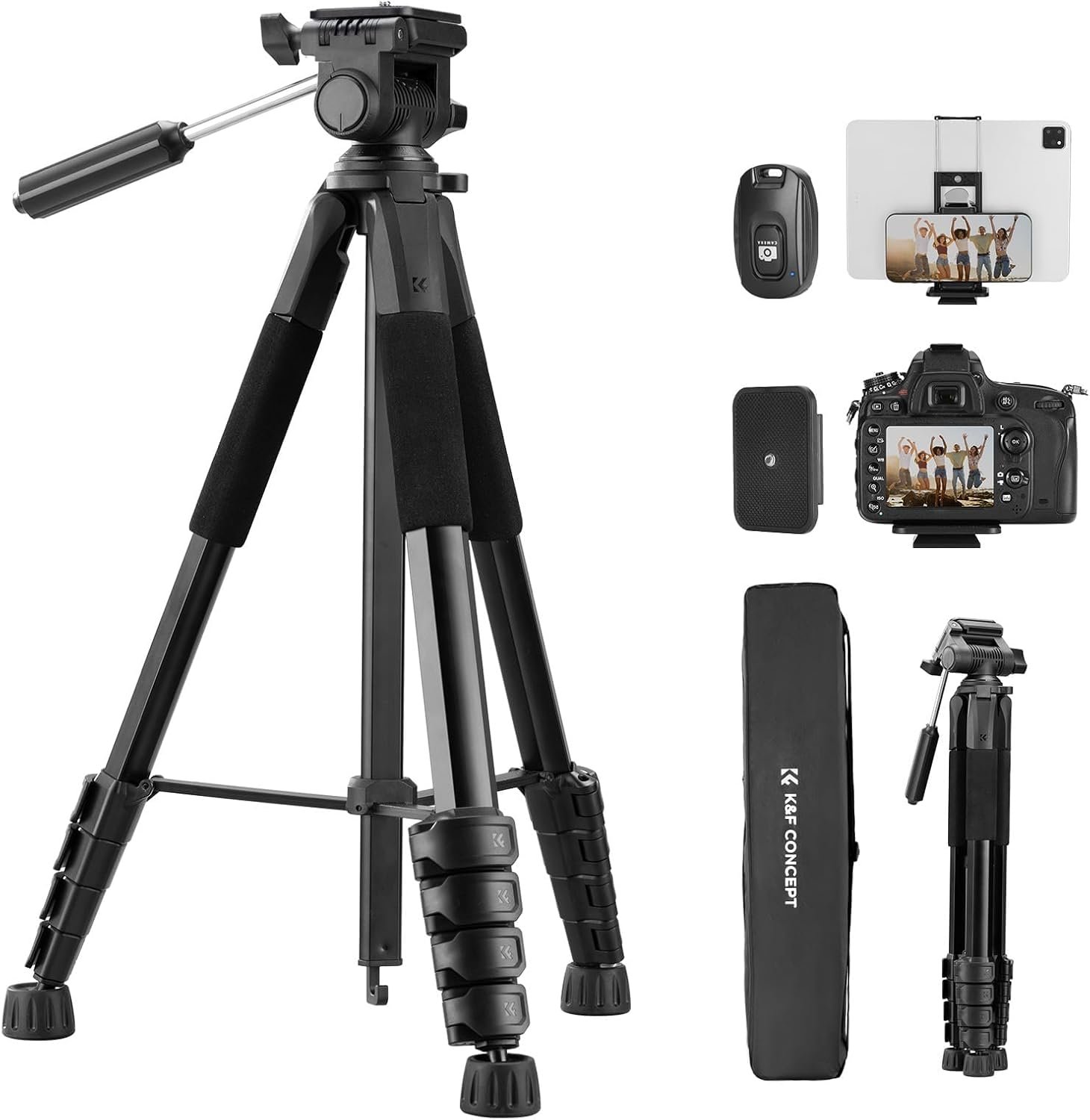 K&F CONCEPT Camera Tripod, 75″ Lightweight Portable Travel Outdoor DSLR Tripods for Camera Phone Video Recording Tripod Stand, Cellphone Clip for Smartphone Live Streaming Vlog, Black