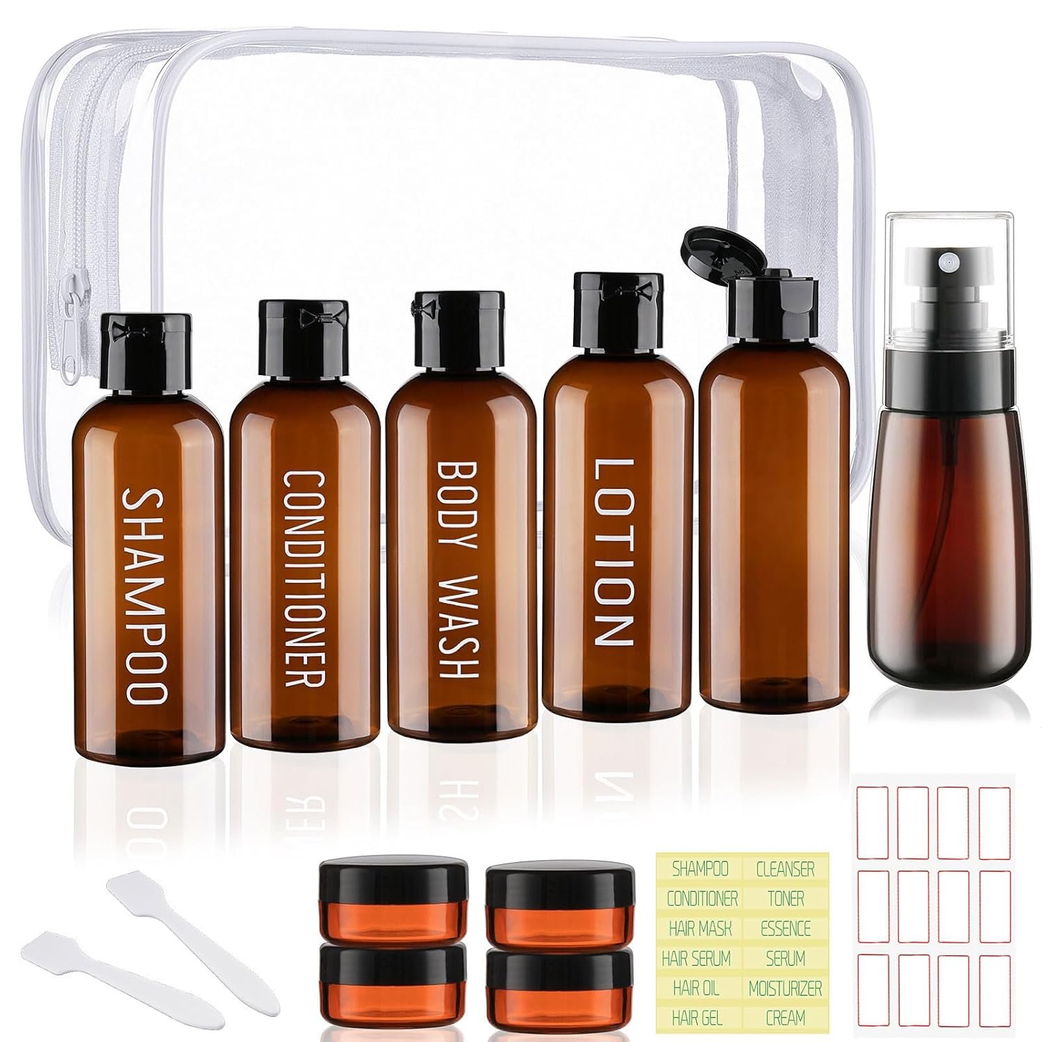Travel Bottles for Toiletries 10 Pack 3.4oz Travel Size Containers TSA Approved Leak Proof Shampoo and Conditioner Bottles Plastic Squeeze Bottle Traveling Essentials Accessories(Brown)