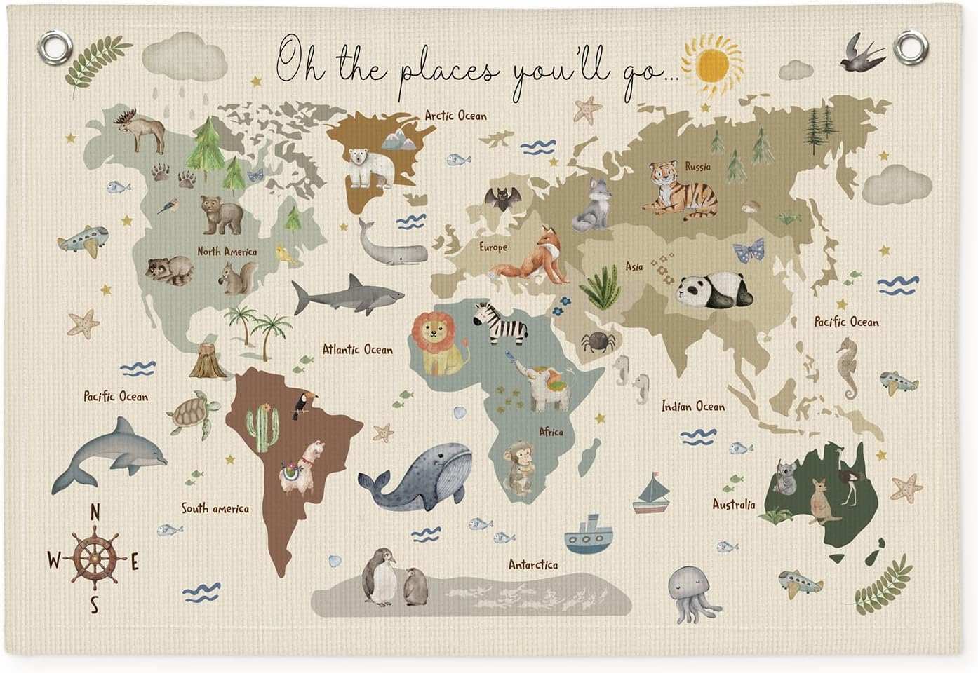 Wheatwin World Map for Kids, World Maps Banner for Playroom Wall 20×30, World Map Cute Wall Hanging Decor Banner Flag for Playroom Nursery Classroom Boys Girls Kids Room Prints