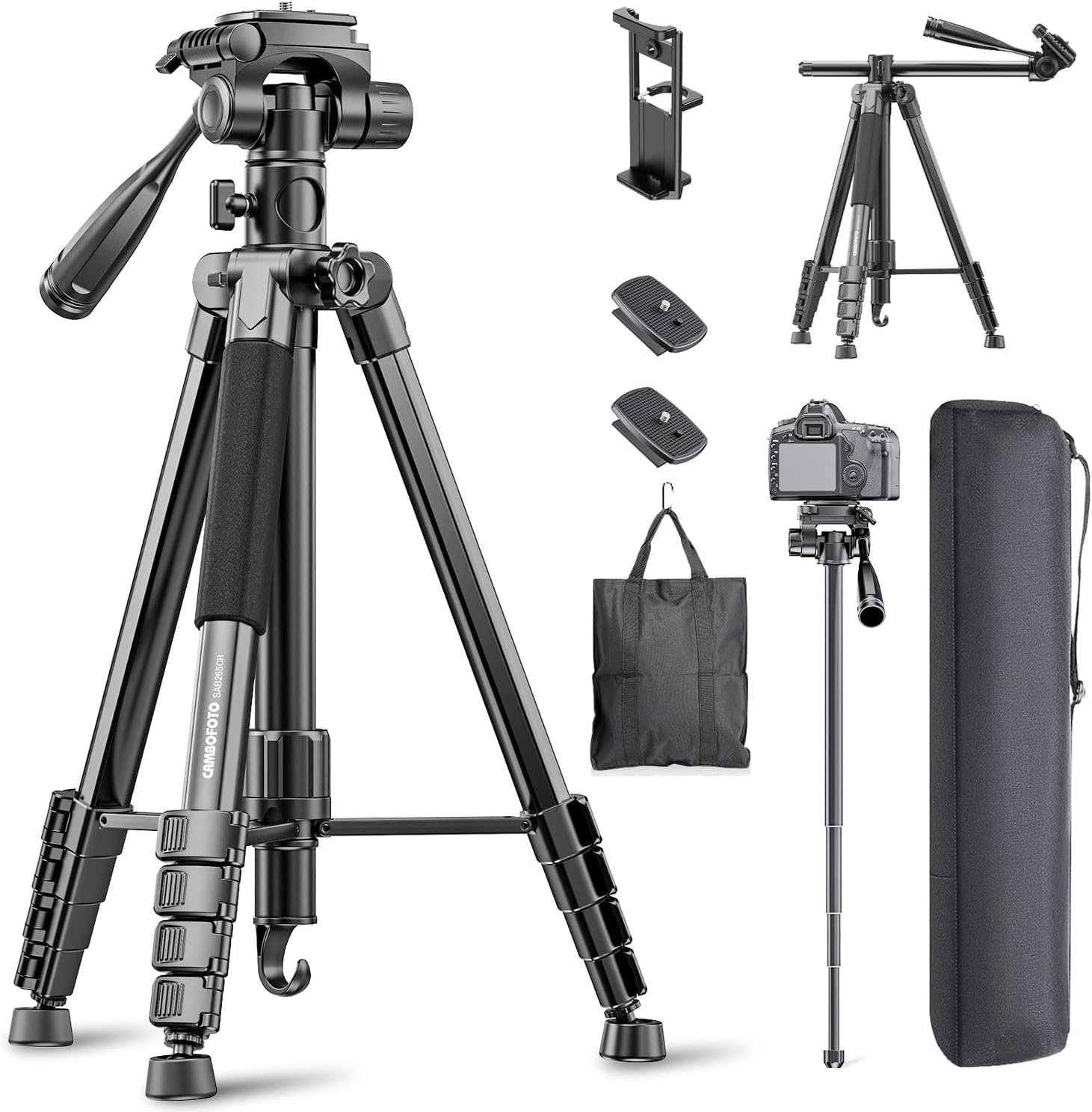 CAMBOFOTO 73″ Camera Tripod and Monopod with Center Colum with Photography Sandbag, Horizontal Central Axis Professional Aluminum Tripod Stand for DSLR/Camcorder/GoPro, with Phone Holder/Travel Bag