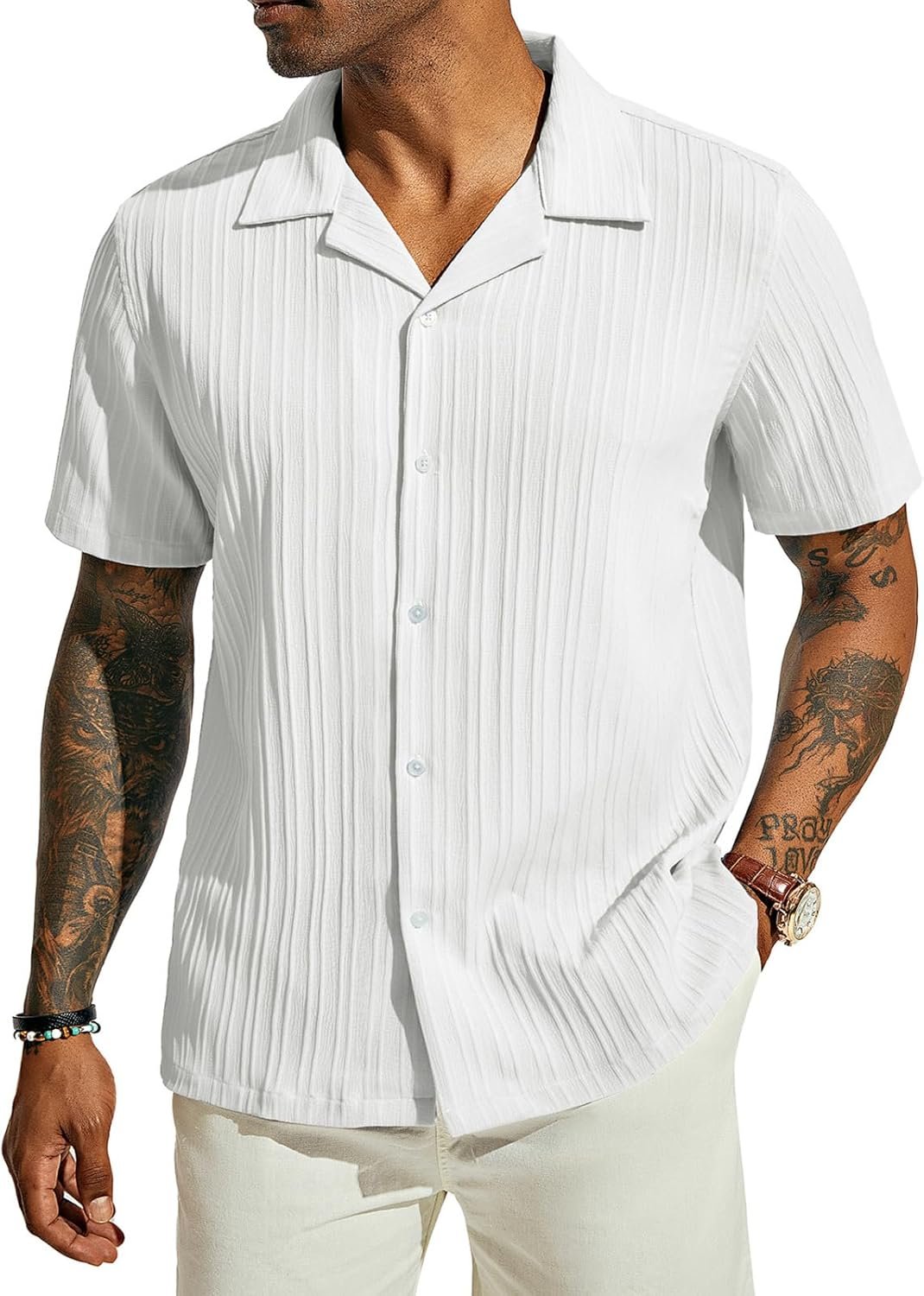 PJ PAUL JONES Men’s Casual Button Down Shirts – Short Sleeve Summer Textured Beach Wrinkle-Free Shirts