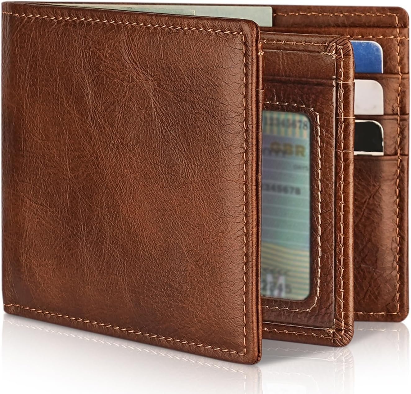 Mens Wallet Genuine Leather Bifold RFID Blocking Wallet for Men with 1 ID Window 13 Card Holders 2 cash pockets 1 Gift Box