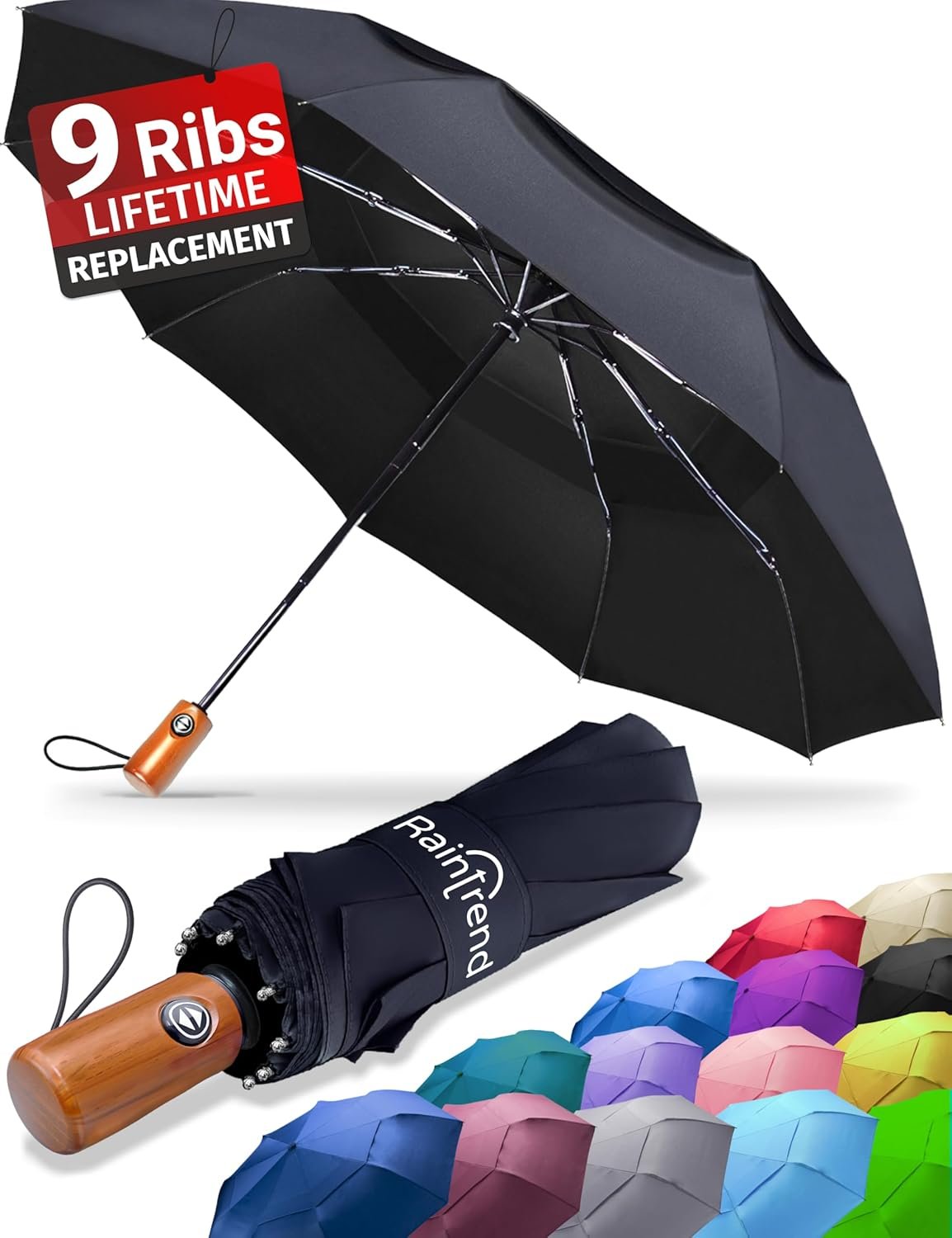 Raintrend Premium Umbrellas for Rain Windproof Travel Automatic Open Close Large Canopy with Compact Folding Strong Lightweight Portable Umbrella for Car Backpack, Womens & Mens Umbrella – Black