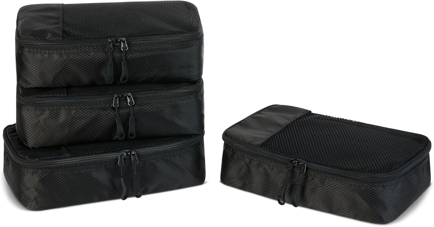 Amazon Essentials 4-Piece Packing Cubes Travel Accessories Set, Luggage Organizer with Double Zipper, Mesh Top, 100% Polyester, Small, Black (Previously Amazon Basics)