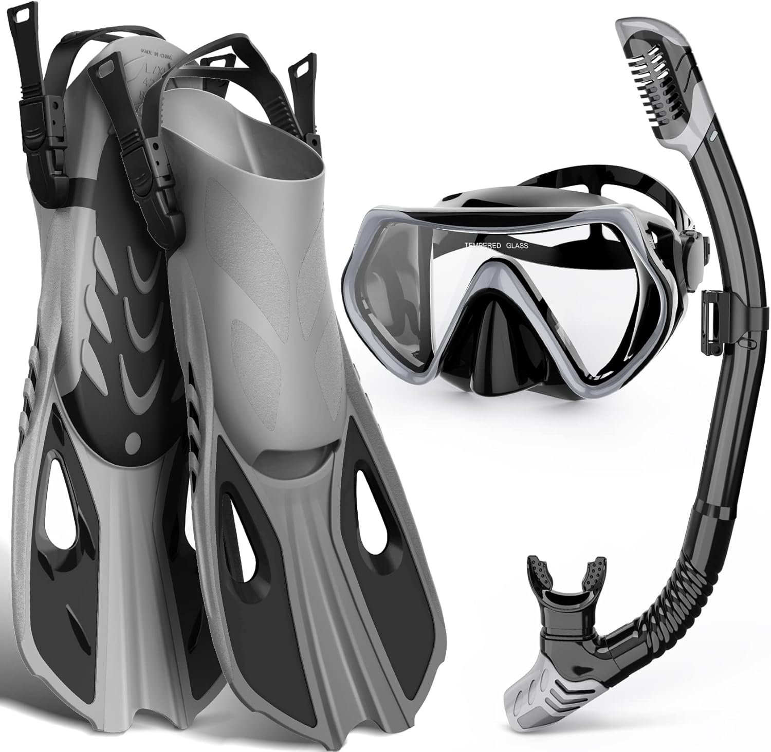 Mask Fin Snorkel Set, Snorkeling Gear for Adults with Panoramic View Mask, Dry Top Snorkel, Adjustable Swim Fins and Travel Bag, Man Woman Snorkel Gear for Swimming Snorkeling Diving