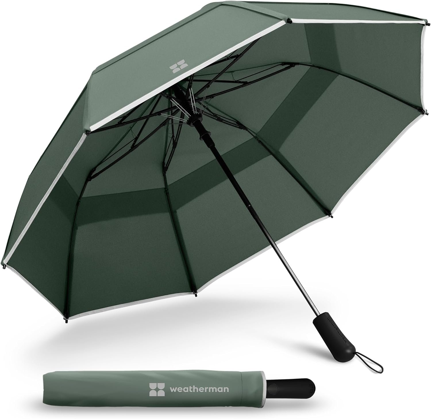 Weatherman Premium Collapsible Small Travel Umbrella Compact – Windproof, Resists Up to 55 MPH Winds – Foldable Travel Umbrellas for Rain & Wind – Easy Auto Open w/Strong Fiberglass Frame (Sage)