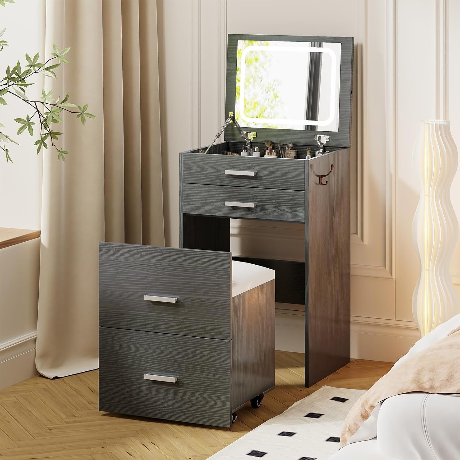 3 in 1 Vanity, Compact Vanity with 3 Drawers, Makeup Desk with Flip-up 3 Colors Lighting Mirror and Cushioned Stool, Small Vanities Nightstand Perfect for Bedroom, Gray