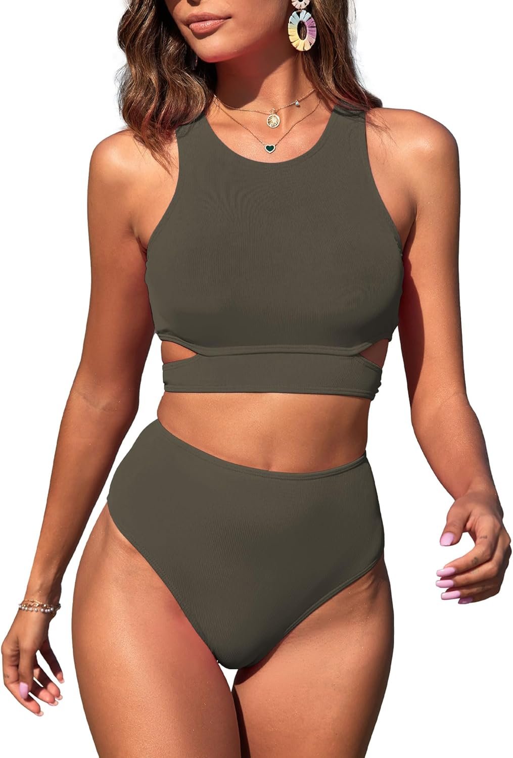ZAFUL Women’s Swimsuit High Waisted Bikini Sets Two Piece Swimsuit Scoop Neck Tank Side Cutout Midkini