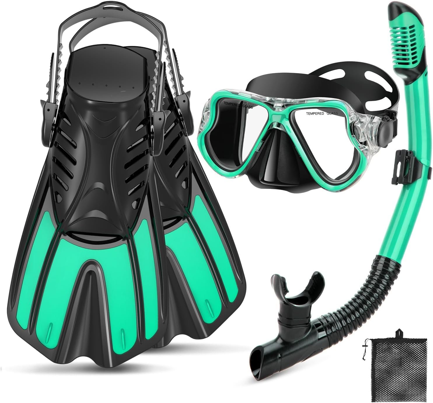 Snorkeling Gear for Adults, 4 in 1 Adult Snorkel Set with Panoramic View Snorkel Mask, Dry Top Snorkel, Adjustable Short Fins and Travel Bag, Snorkel Set with Fins for Snorkeling Diving