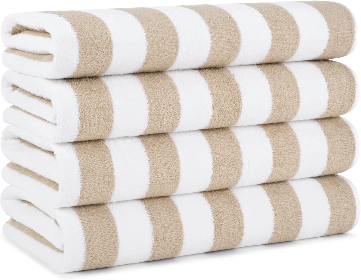 Arkwright California Cabana Stripe Beach Towel – Pack of 4, Large Soft Quick Dry Cotton Terry Towels Set for Pool, Swim, and Hot Tub, Oversized 30 x 70 in, Beige