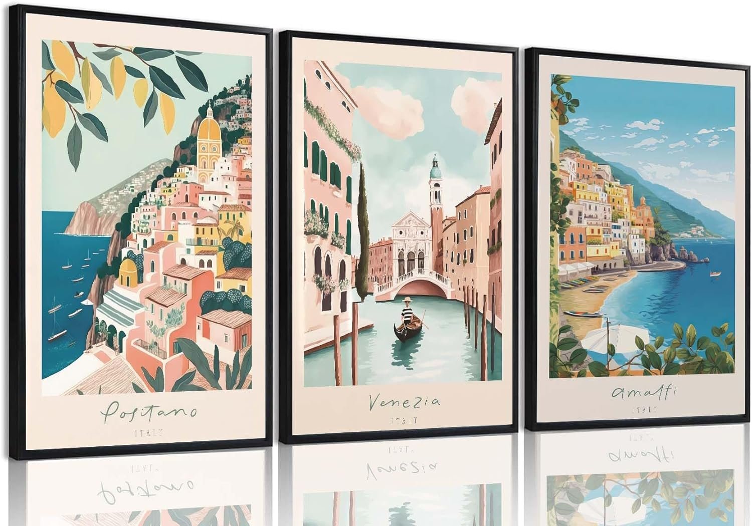 XLARTMY Italy Amalfi Coast Travel Posters Wall Art Canvas Decor City Landscape Blue Venice Coast Painting Beach Modern Artwork for Living Room Bedroom Bathroom Office Set of 3 12x16in Unframed