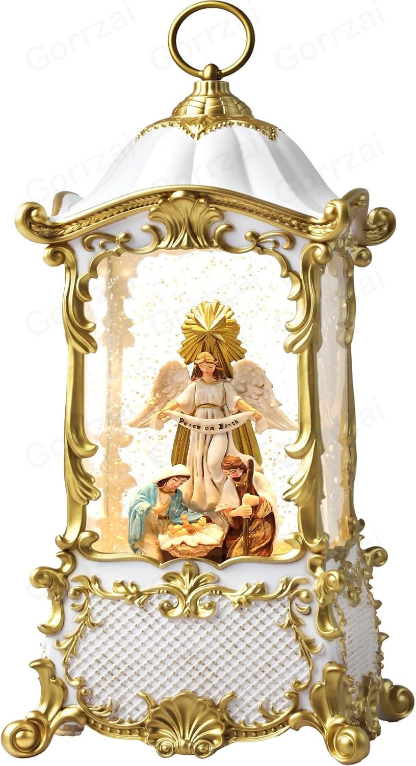 Nativity Snow Globe Angel Christmas Snow Globe Lantern, Lighted Christmas Decorations Indoor for Home with Music Timer Swirling Glitter, Musical Home Decor, USB or Battery Operated 12.5 inch