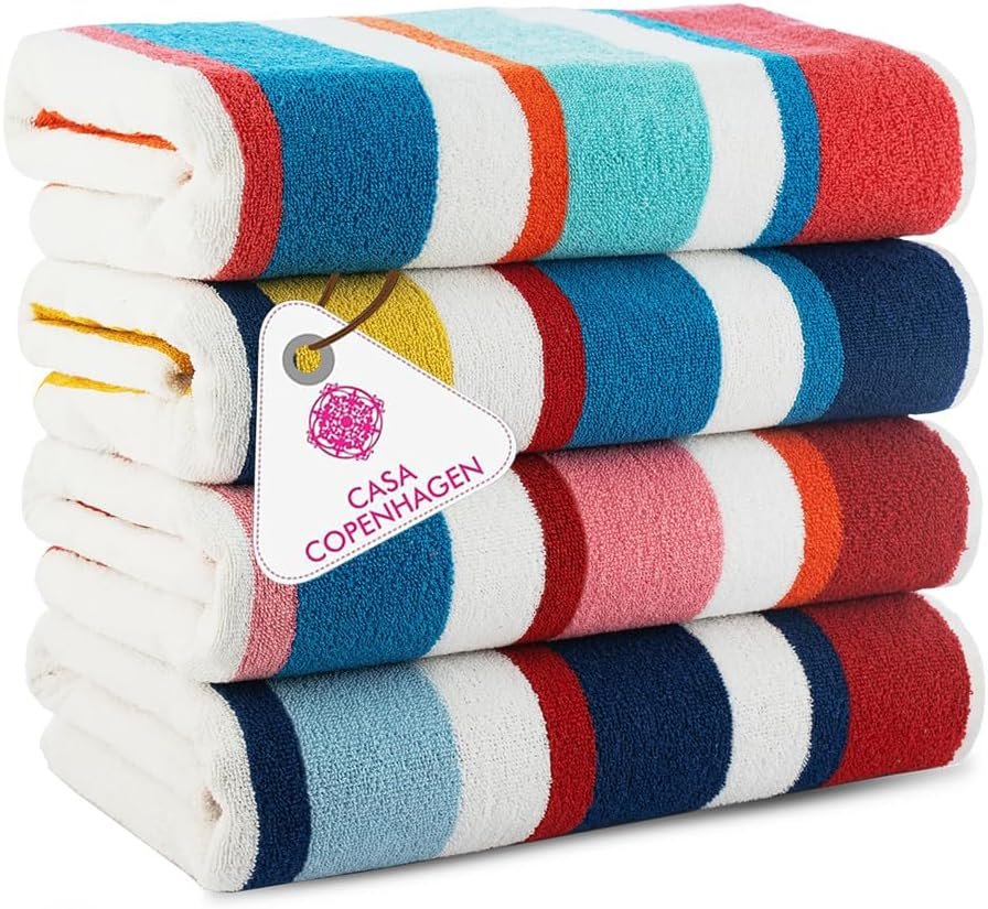 CASA COPENHAGEN Bora Bora Beach Towels Designed in Denmark Rough and Tough, Quick Dry, for Pool, Bath & Shower 30×60 inches 4 Pieces Cotton Beach Bath Towels Set – Pink, Red, Yellow, Turquoise
