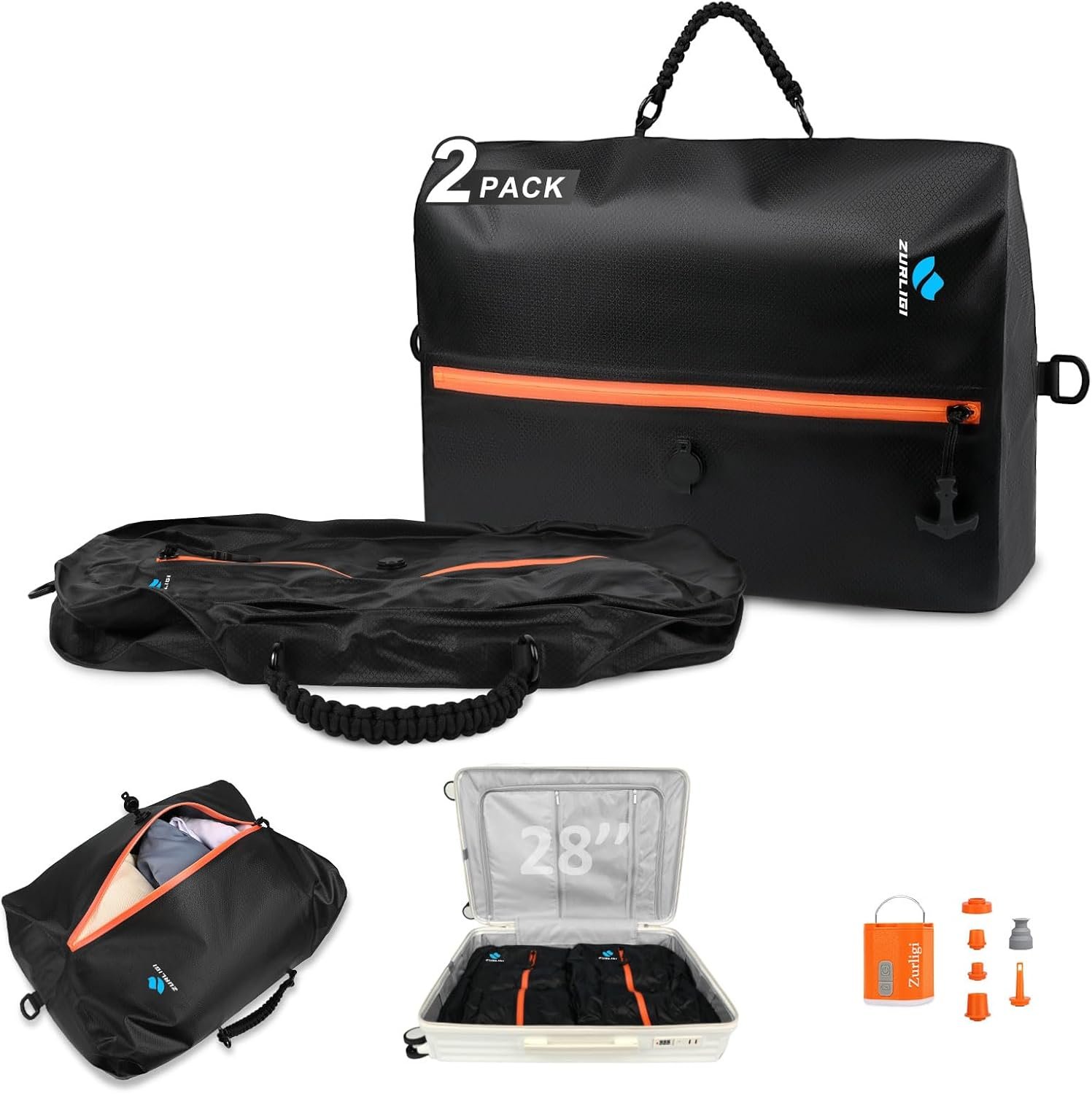 Zurligi Vacuum Compression Bags with Pump for Travel – Reusable, Portable Travel Pack Vacuum Bag Kit for Suitcases, Backpack