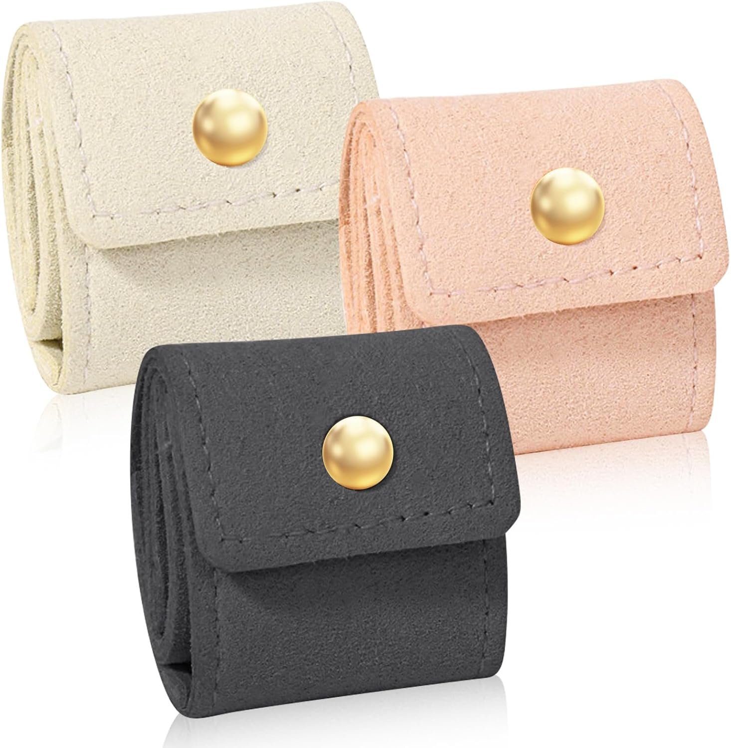3Pcs Mini Travel Jewelry Bag, Leather Jewelry Organizer Foldable Pouch for Necklaces, Rings & Earrings – Compact Jewelry Case with Buckle for Women, Travel Accessories (Beige, Pink, Gray)