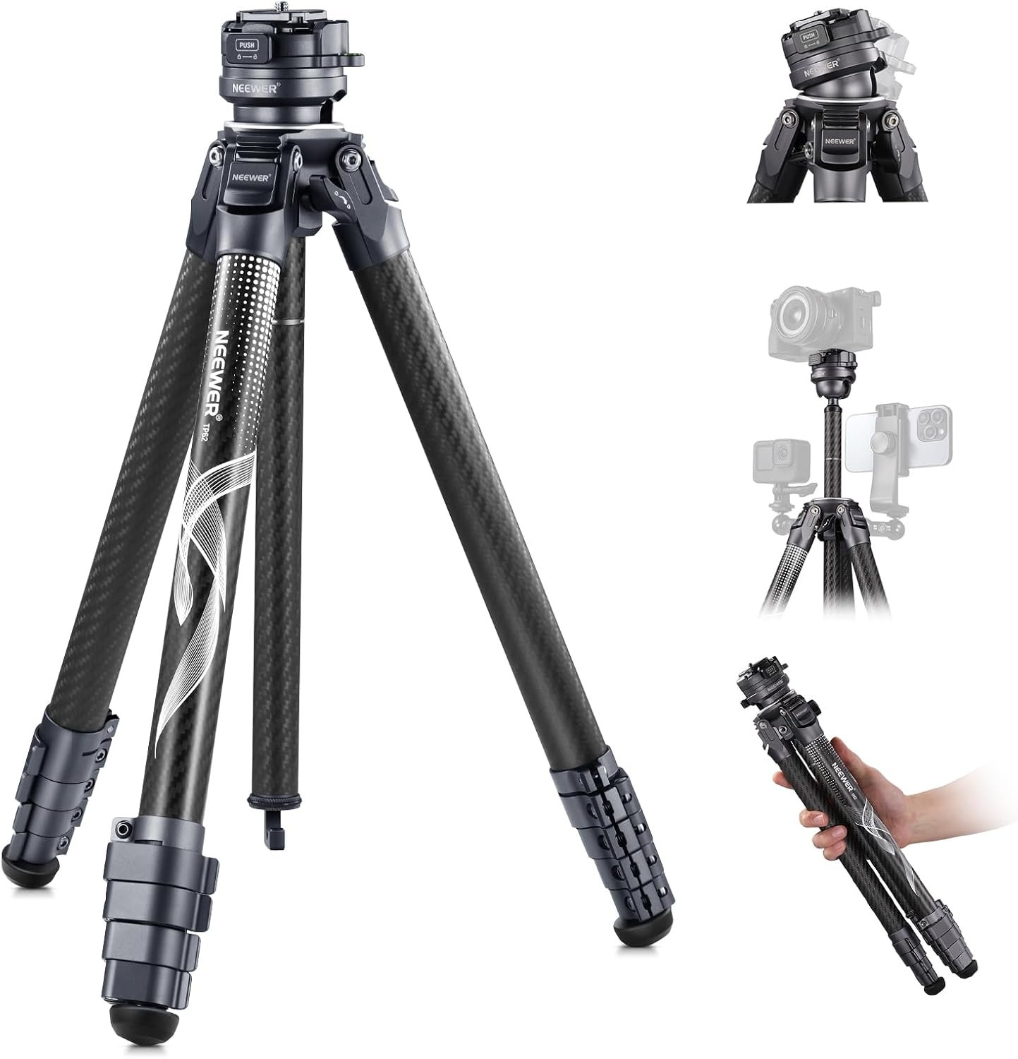 NEEWER LITETRIP LT32 62″ Travel Tripod Carbon Fiber with ±15° Leveling 360° Panorama Head, Detachable Center Axis, Fast Flip Buckle, Arca QR Plate Compatible with PD, (Former TP62)