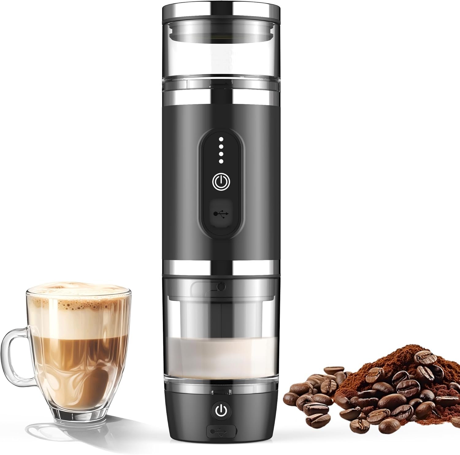 Hobsir Portable Electric Espresso Maker, Travel Coffee Machine for Camping, Car Coffee Maker with Frothing Base, USB-C, 3in1 Capsule, Portable Small Espresso Coffe Machine for RV, Hiking, Office Black