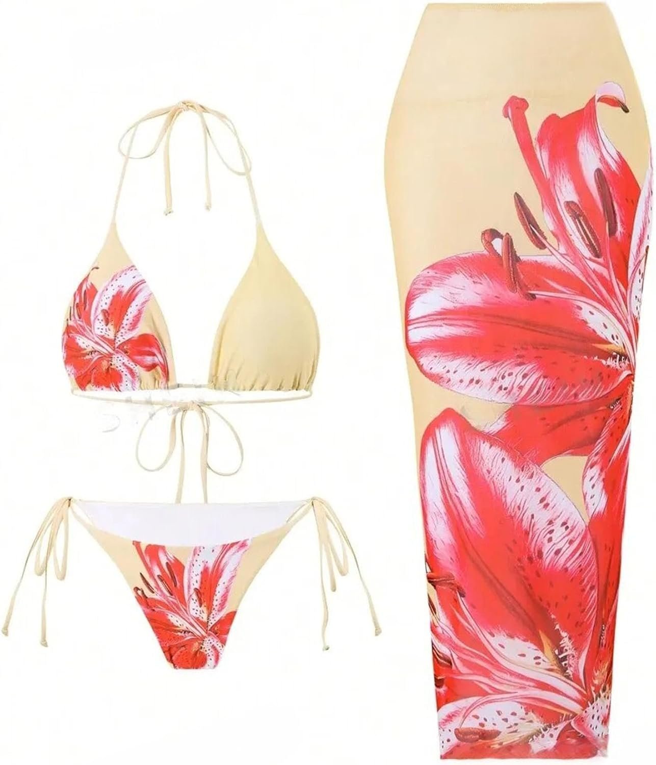 ZAFUL Womens 3pcs Swimsuit Floral Halter Triangle Bikini Top Tie Side Bottom with Long Sheer Cover Up Skirt