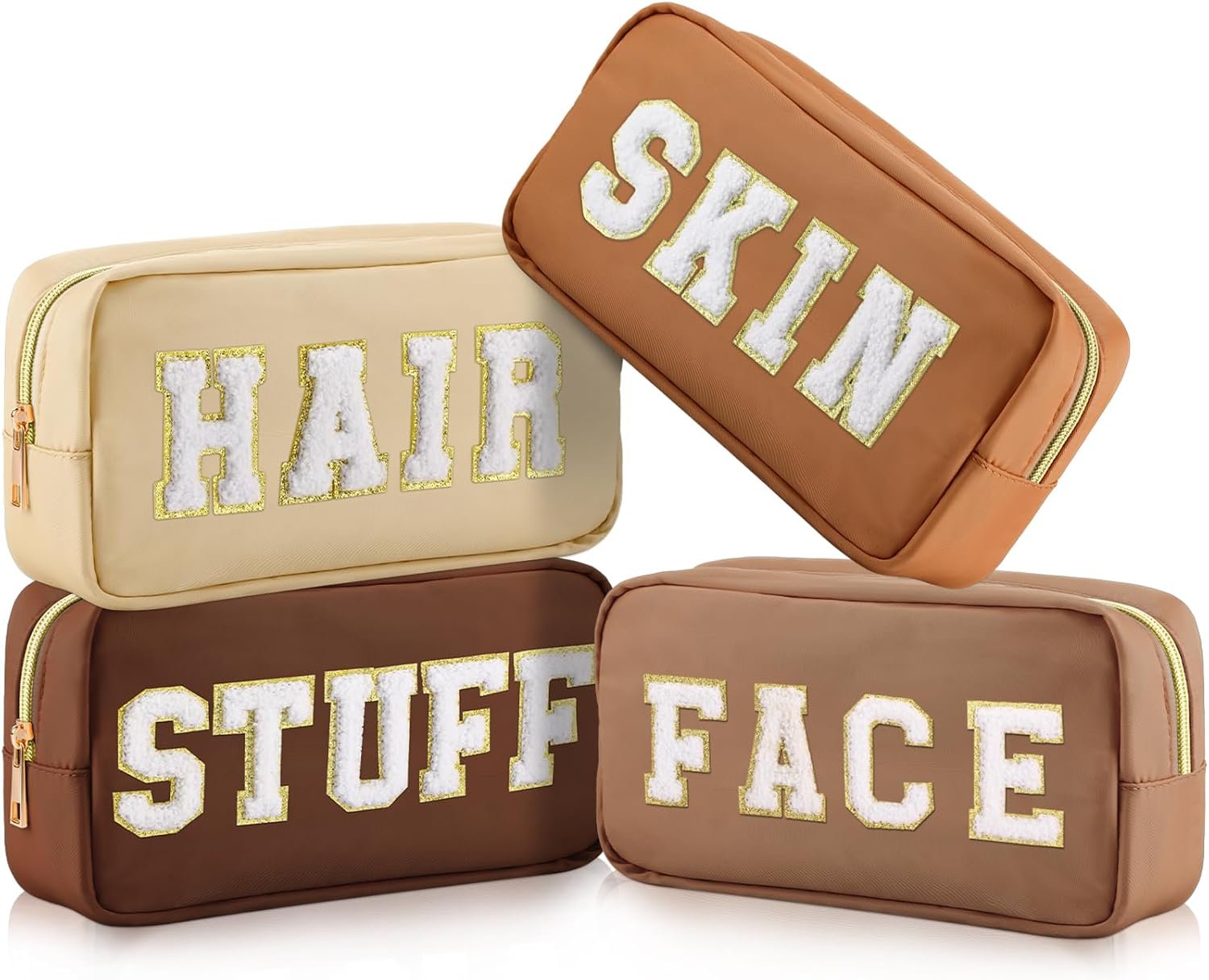 Cunno 4 Pcs Preppy Makeup Bags Chenille Letter Stuff Bag Nylon Cosmetic Pouch Cases with Zipper for Women Travel Toiletry