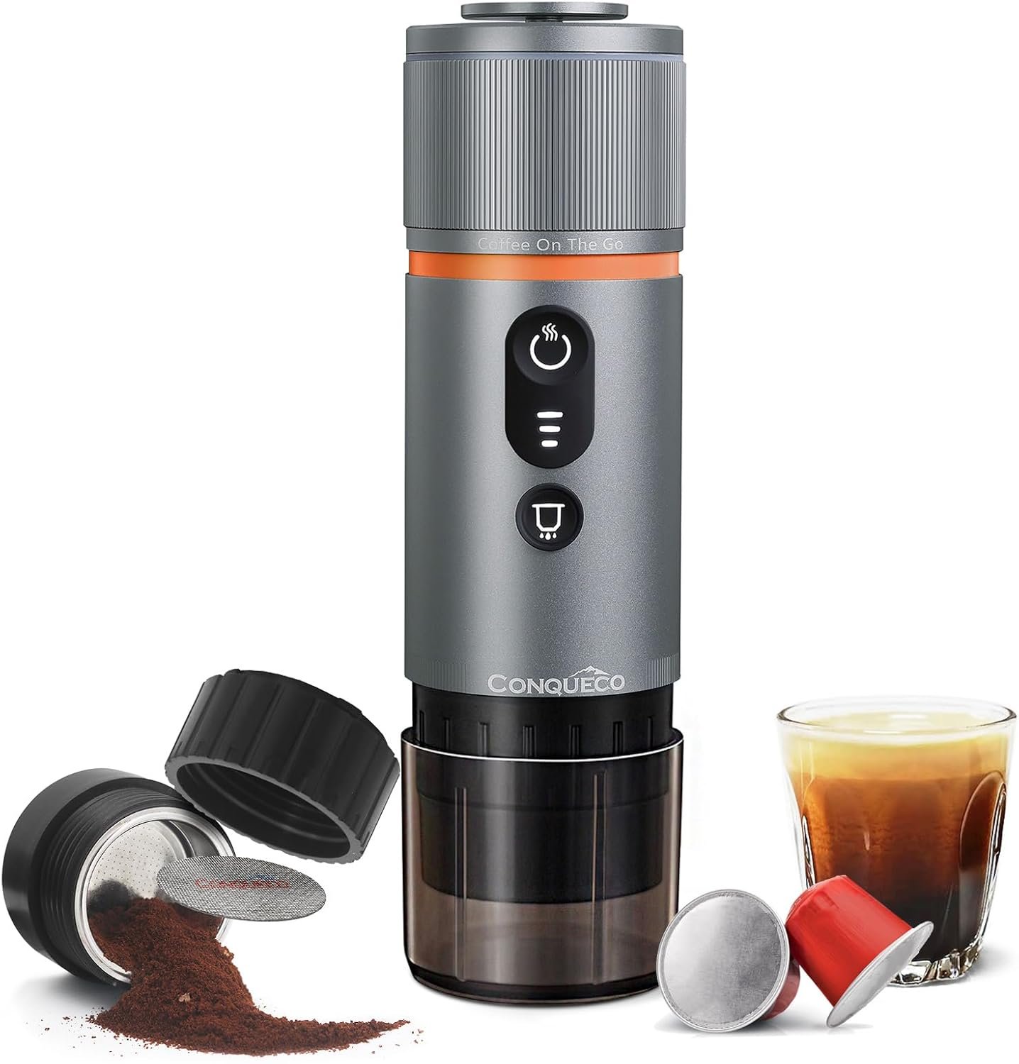 CONQUECO Portable Espresso Machine Travel: 8 cups 12V Electric Coffee Maker with Battery for Camping – 2.5 Mins Self Heating – With Ground Coffee & NS Capsule for RV, Hiking, Office