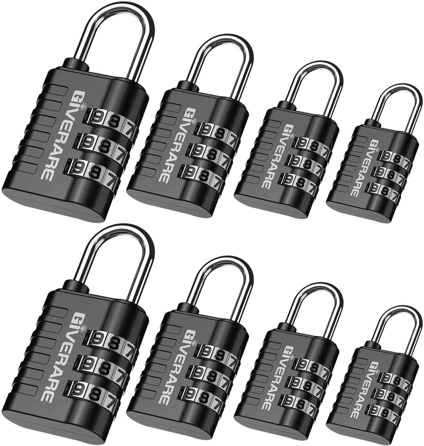 GIVERARE 8 Pack Combination Lock, 3-Digit Padlock Keyless, Resettable Luggage Locks for Backpack, Gym & School & Employee Locker, Weatherproof Travel Lock for Fence, Backyard Gate, Hasp, Case-Black