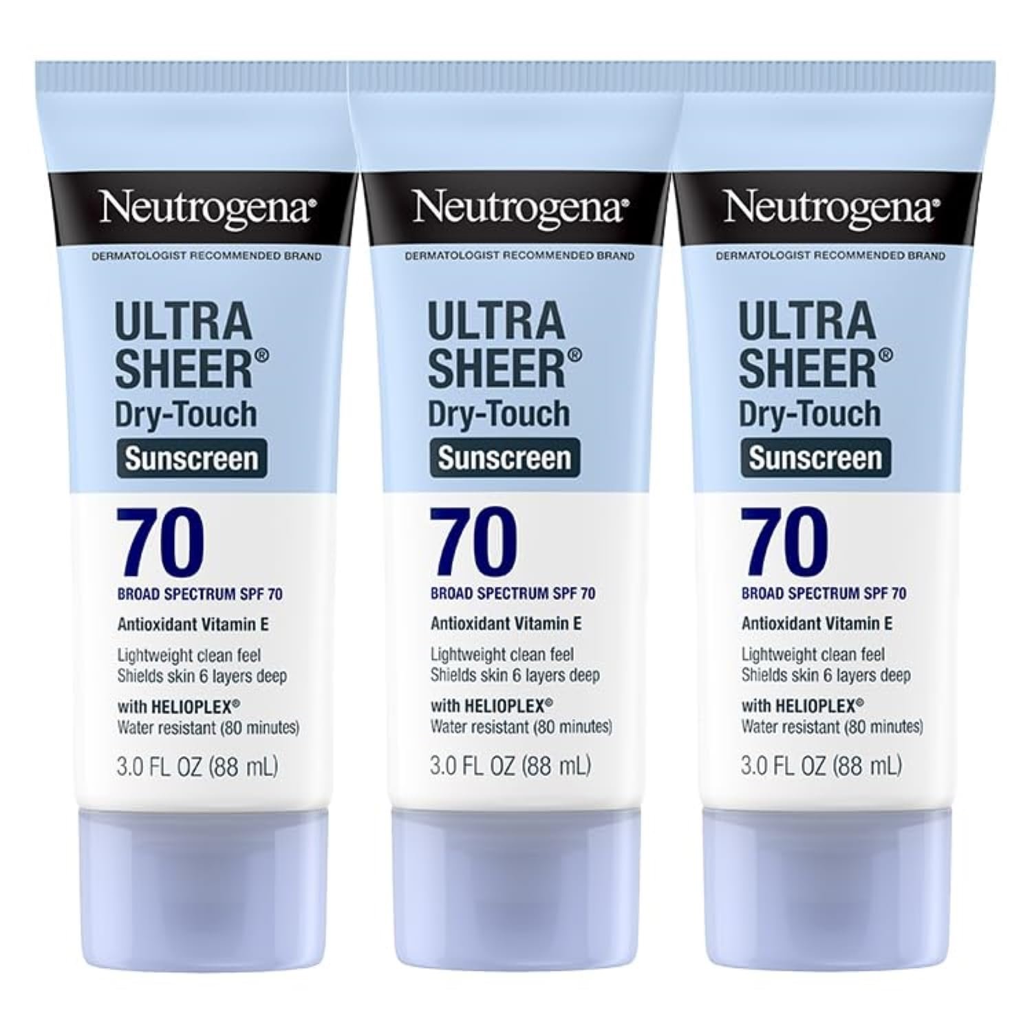 Neutrogena Ultra Sheer Dry-Touch Sunscreen For Face & Body, SPF 70 Broad Spectrum UVA/UVB Protection, Lightweight Water Resistant & Non-Greasy, Travel Size Sunscreen, 3 fl. oz (Pack of 3)