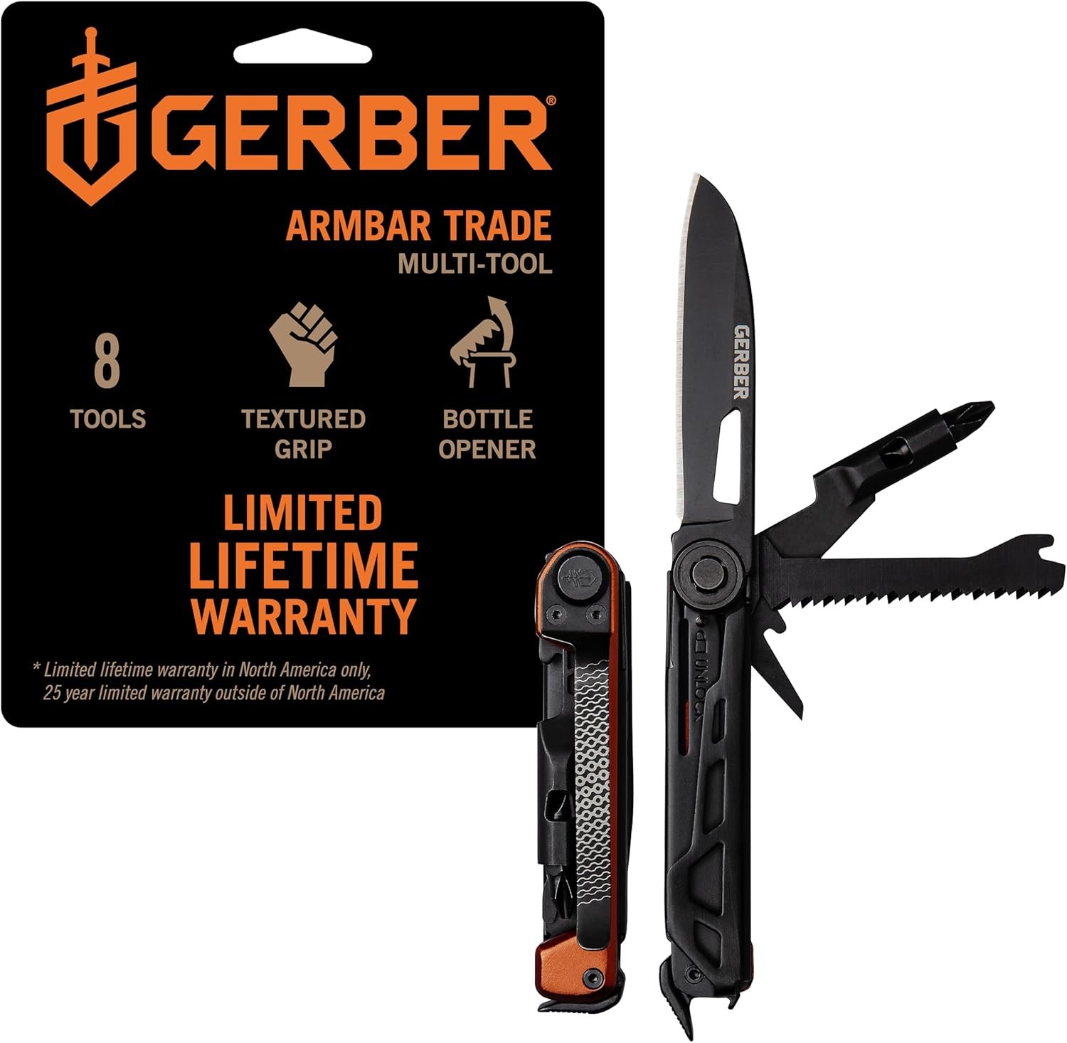 Gerber Gear Armbar Trade 8-in-1 Pocket Knife EDC Multitool with Blade, Pry Bar, and Hammer for Camping, Burnt Orange