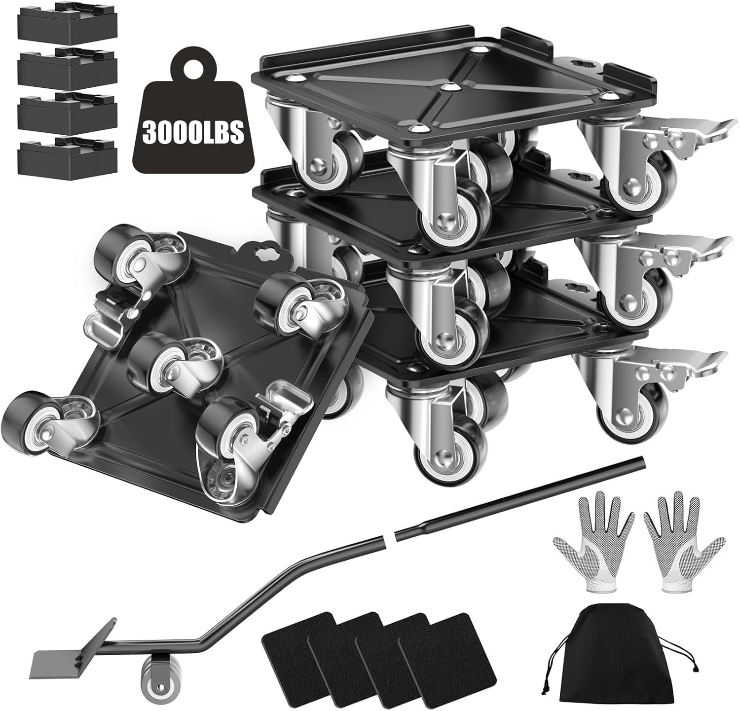 Heavy Duty 3000LBS Furniture Dolly & Movers with 5 Wheels & Brake – 360° Rotating Moving Dolly for Furniture, Piano, Appliances – 6.4 Inch Non-Slip Sliders, Black