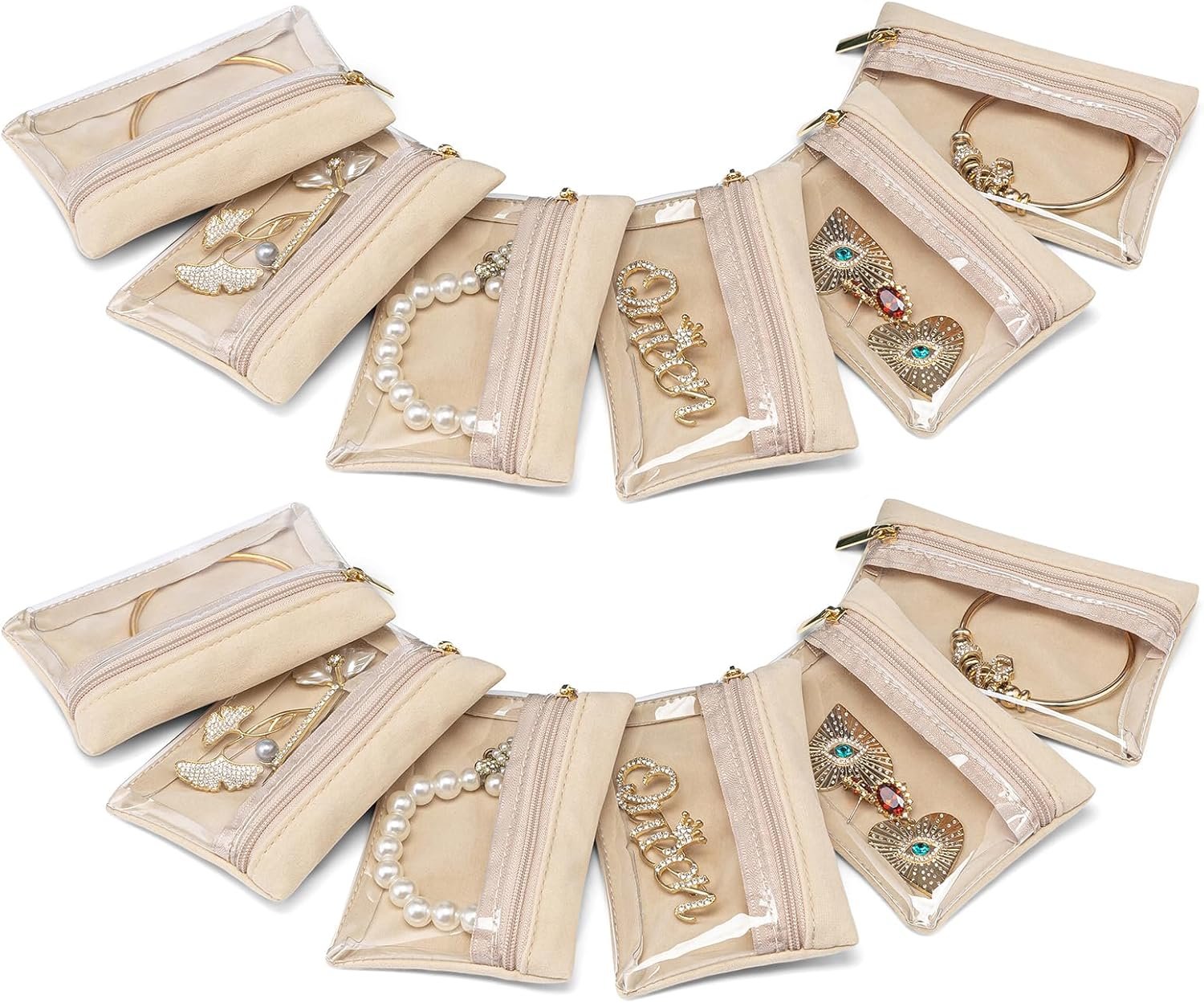 Vlando Jewelry Travel Case,Travel Jewelry Organizer with Clear Velvet Jewelry Bags Zipper Pouch for Women Girl Gift 12Pcs Bag