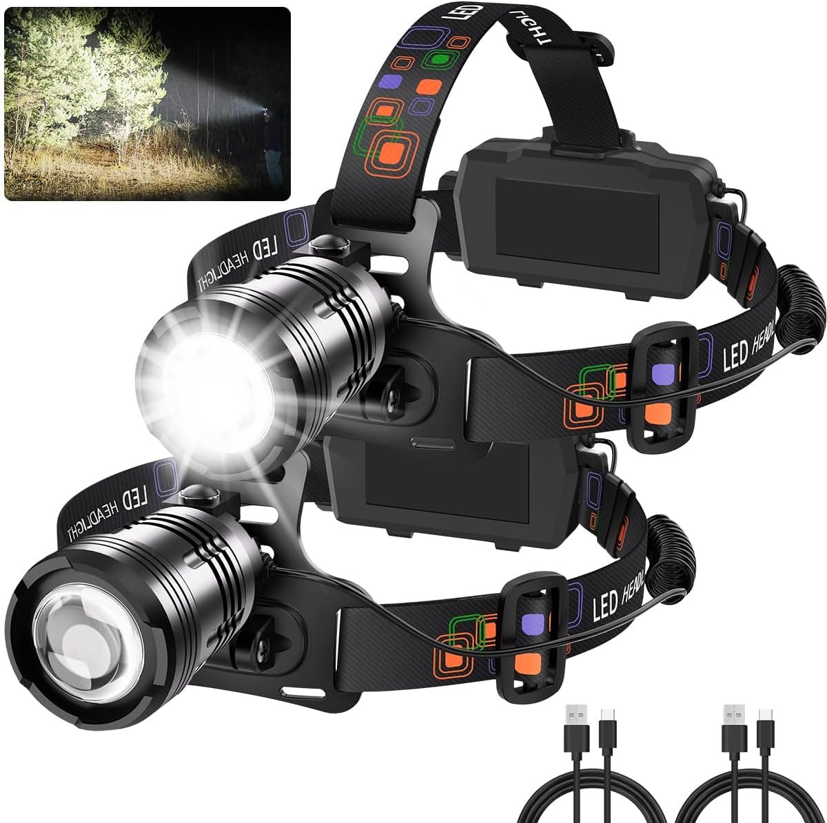 Headlamp Rechargeable 2Pack, Super Bright Head Lamp, Adjustable Focus LED Headlamp, 90°Angle Head Lights for Forehead, 4Mode Headlight, Headlamps for Adults Hard Hat Camping Essentials Gear