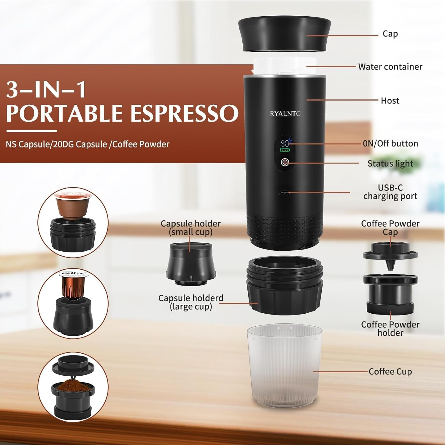 3-in-1 Portable Espresso Machine for Travel & Camping- 20 Bar Self-Heating Portable Coffee Maker with USB-C LED Display Car Coffee Maker, Compatible with Grounds&Capsules(Ns&DG) for RV,Hiking (Black)