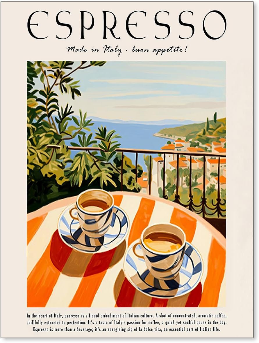 MWZUPQ Vintage Espresso Coffee Poster Italian Food Wall Art Trendy Cozy Travel Drink Prints Retro Kitchen Wall Decor for Coffee Shop Home Bedroom 12×16 inch Unframed