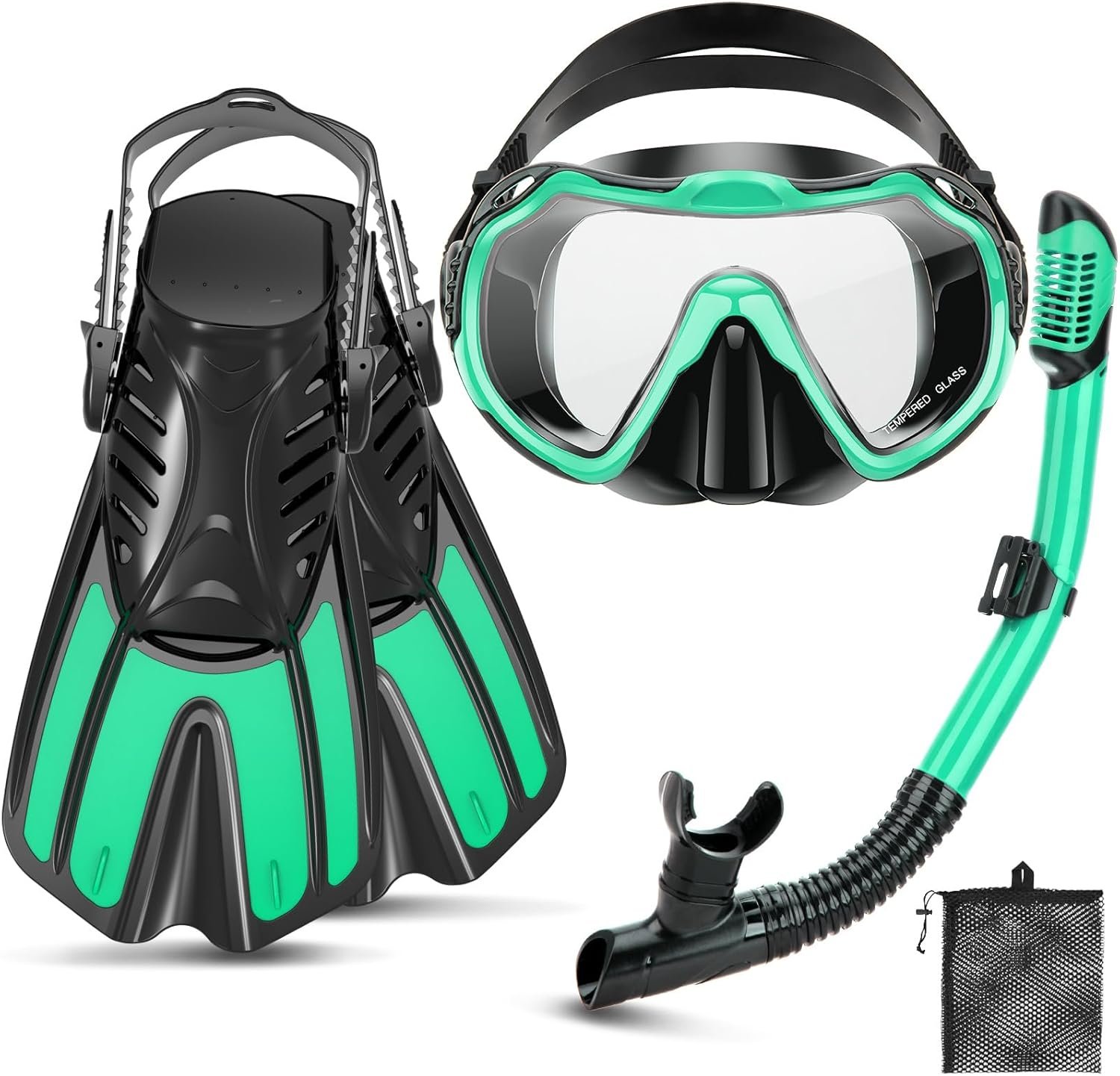 Snorkeling Gear for Adults, 4 in 1 Travel Size Mask Fins Snorkel Set with Panoramic View Anti Fog Mask, Dry Top Snorkel, Trek Fins and Travel Bag, Snorkel Gear for Swimming Diving Snorkeling