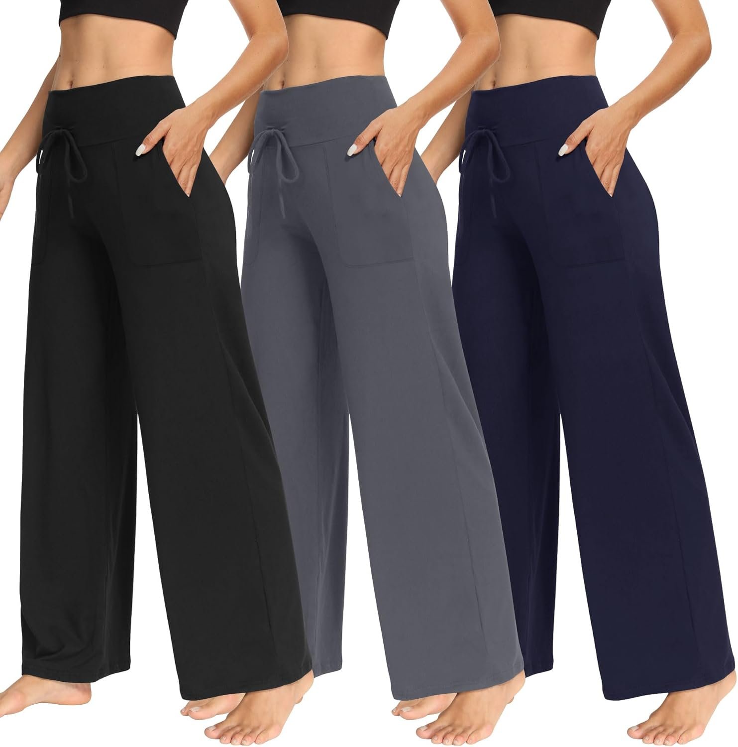 TNNZEET 3 Pack Women’s Wide Leg Pants with Pockets – Casual Loose Yoga Trouser Pants Sweatpants Palazzo Lounge Pajama Pants