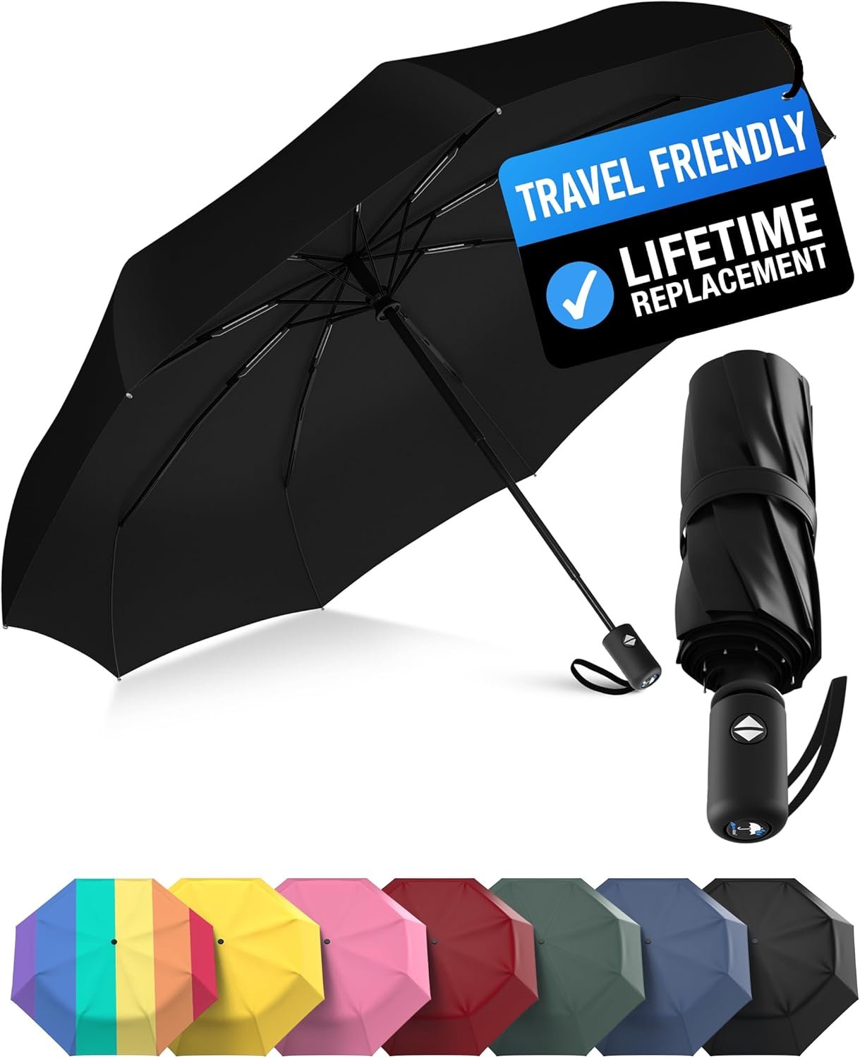 Rain-Mate Windproof Compact Umbrellas for Rain – Strong Reinforced Fiberglass Rib Design & Auto Open & Close – Portable Folding Travel Umbrella – Lightweight & Packable for Women & Men, Easy Collapse