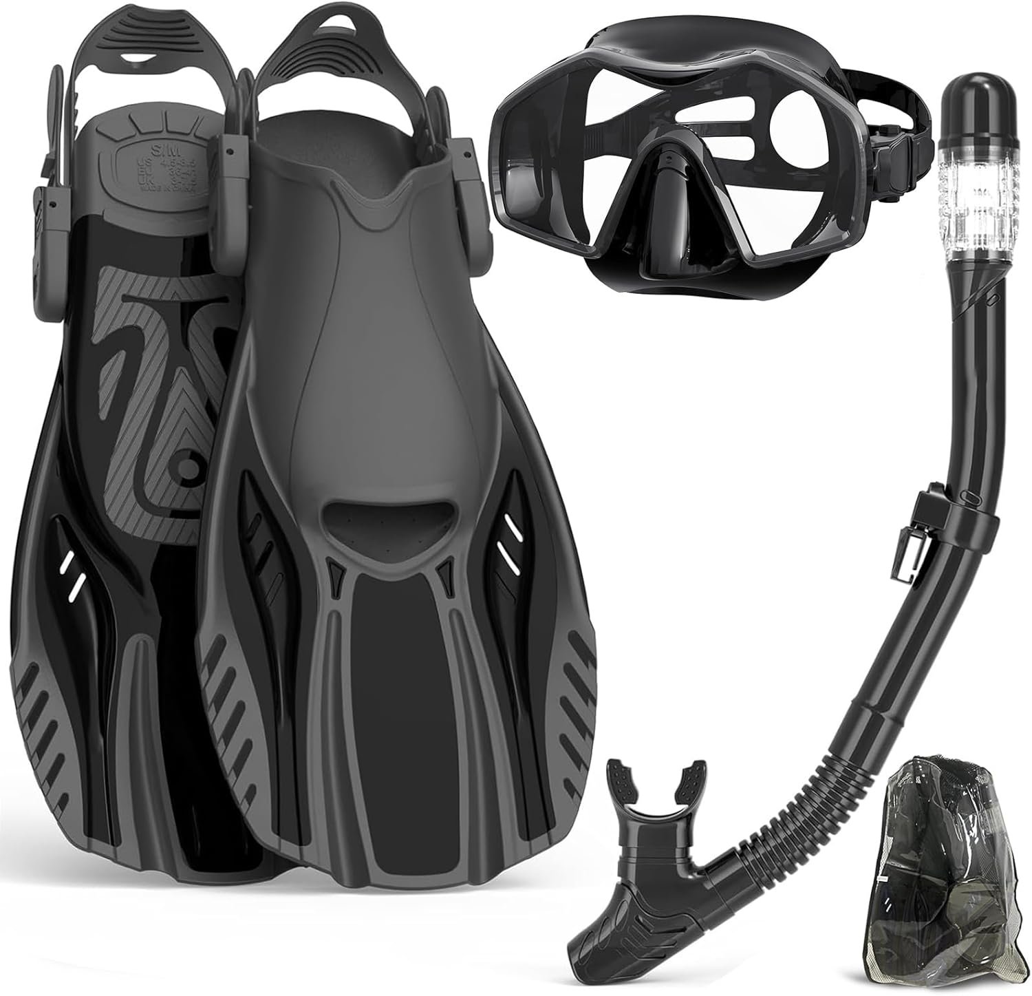 Snorkeling Gear for Adults,Mask Fins Snorkel Set,Panoramic View Diving Mask Anti-Fog,Dry Snorkel,Adjustable Swim Flippers and Travel Bag,Adults Snorkel Gear for Swimming Snorkeling Diving