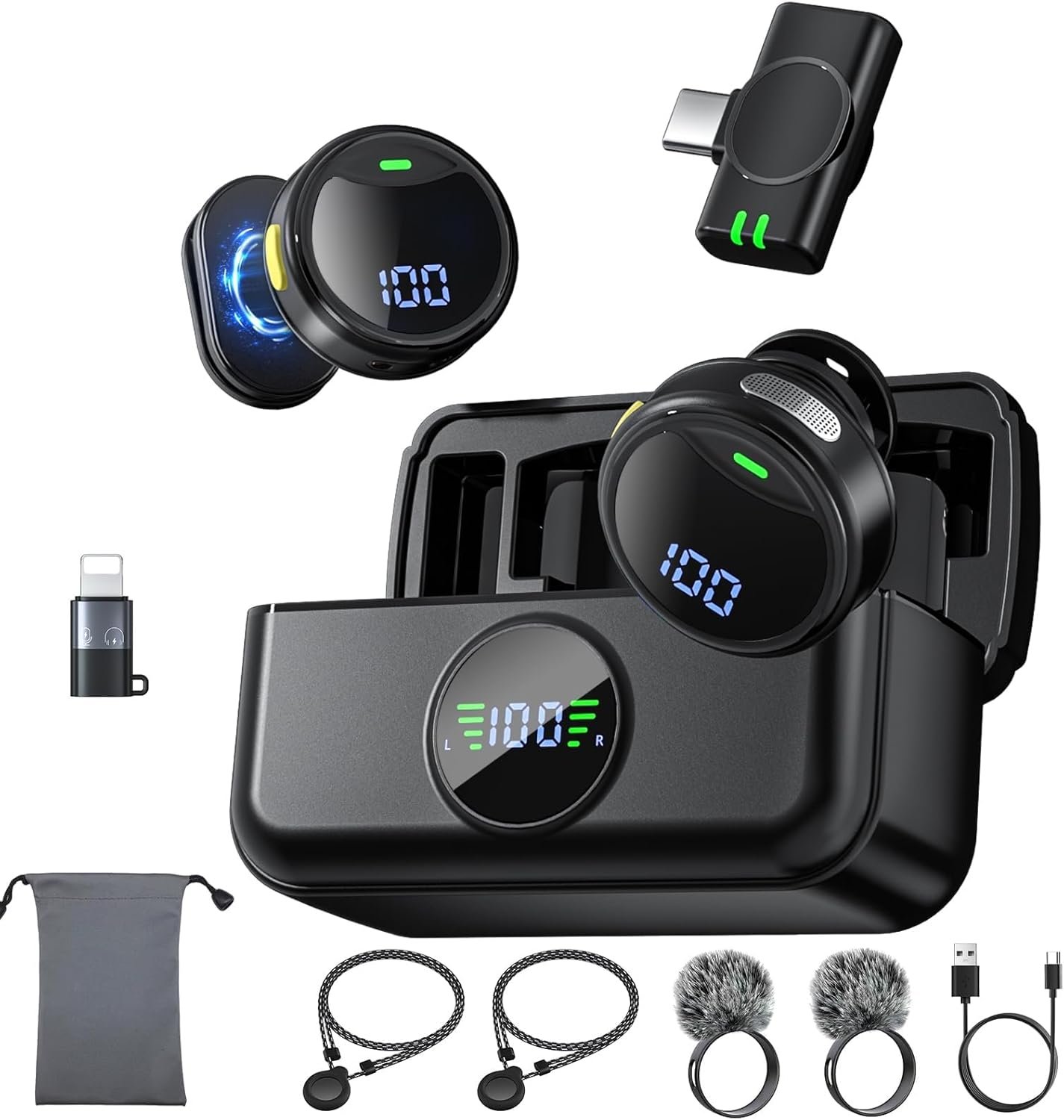 Wireless Lavalier Microphone for iPhone/Android, Mini Lapel Mic with Noise Cancellation, 48KHz 24Bit, 30h Battery Life, Mini Microphone for Video Recording, Vlogging