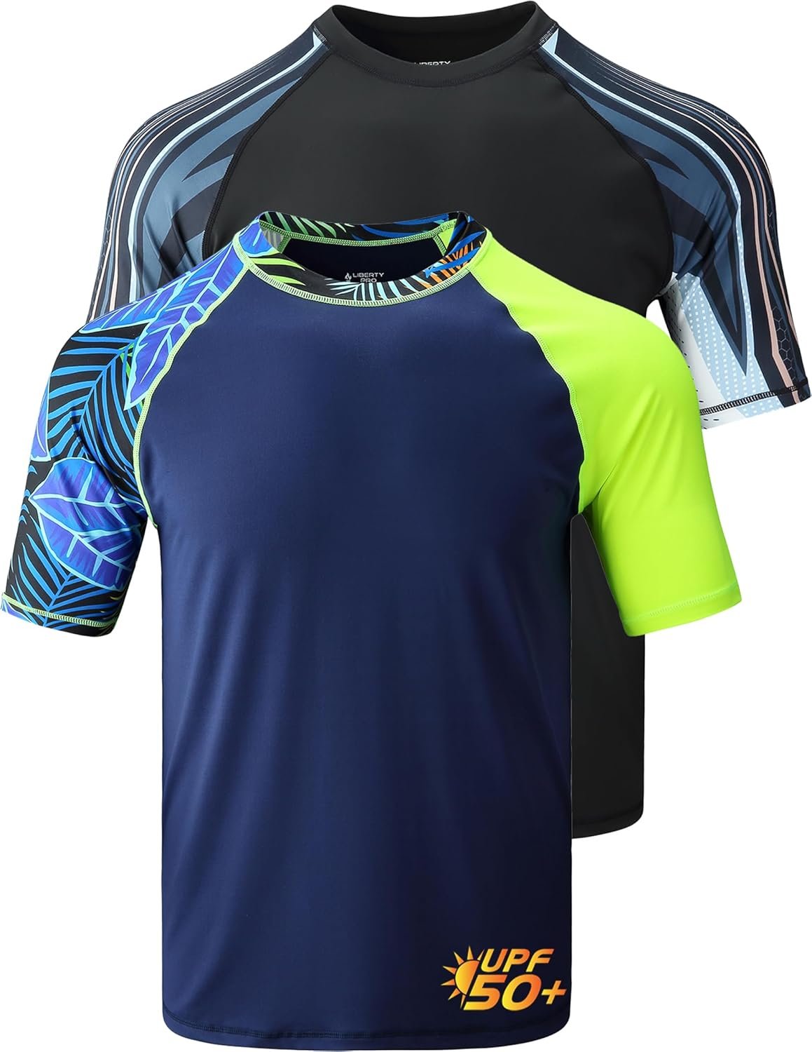 2-Pack Men’s UV Short Sleeve Swim Shirts Loose Fit Rash Guards