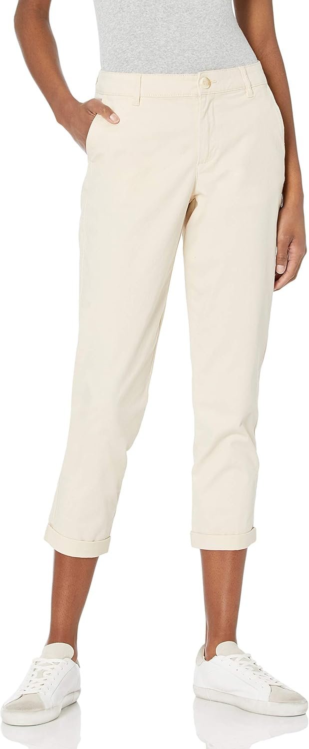 Amazon Essentials Women’s Mid-Rise Slim-Fit Stretchy Cropped Tapered Leg Khaki Pants (Available in Plus Size)