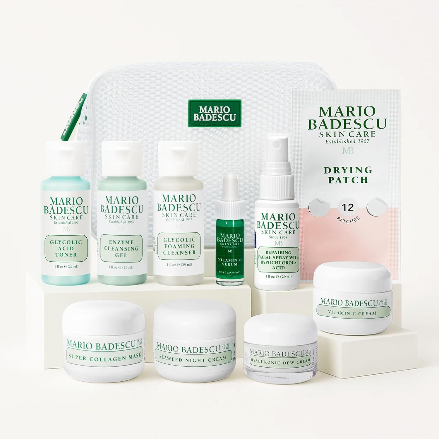 A Little Bit of Mario 10-Piece Skincare Kit – Vitamin C Serum, Glycolic Acid Toner, Hyaluronic Dew Cream, Collagen Mask, HOCI Spray & Cleanser – Brightening, Anti-Aging & Hydration – Travel & Gift Set