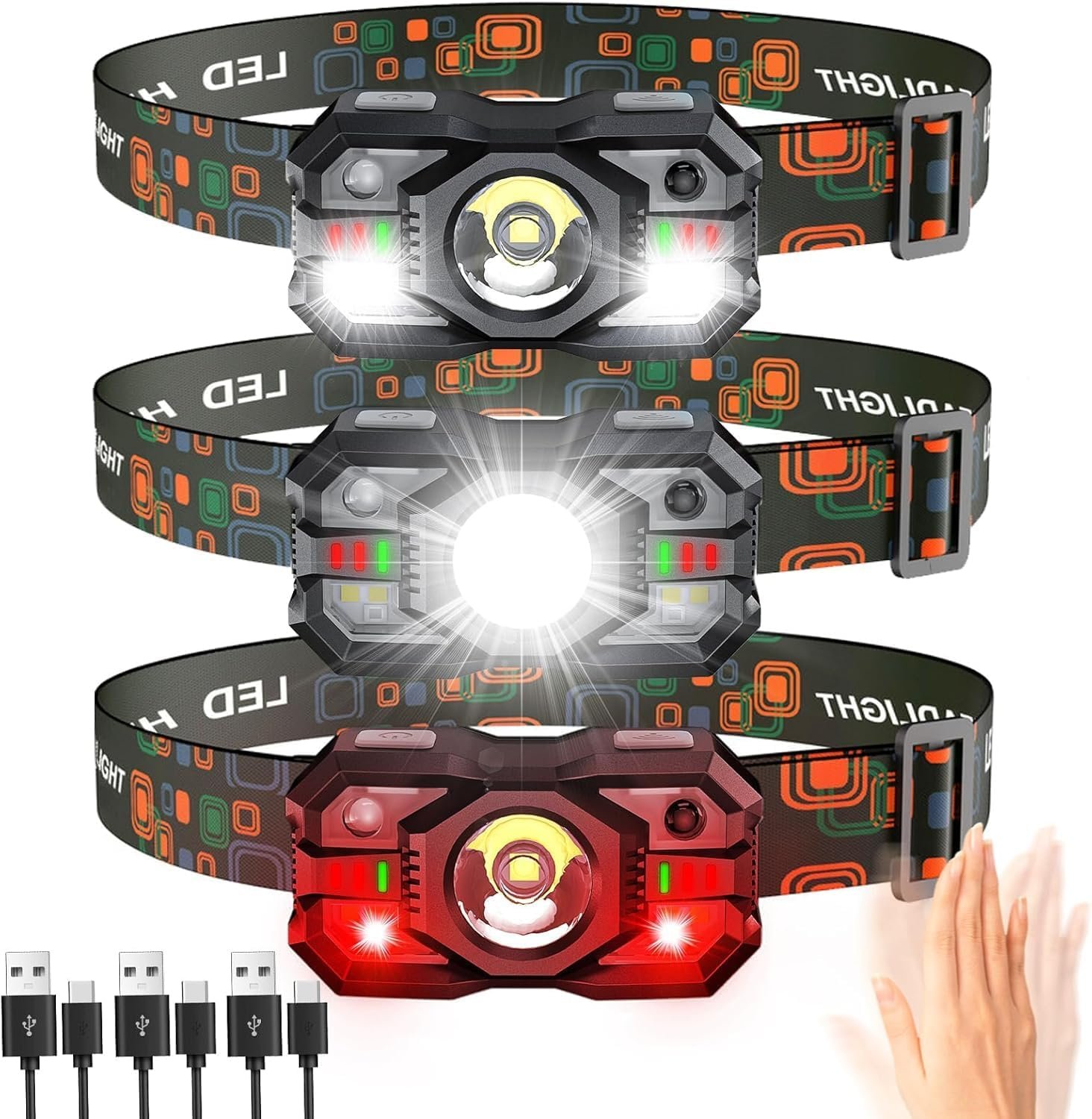 Rechargeable Headlamp Flashlight 3-Pack, 2000 Lumen Super Bright LED Headlight with Red Light, Motion Sensor for Adults Kid, Waterproof Lightweight Head Lamp for Outdoor Camping Running Hiking Fishing