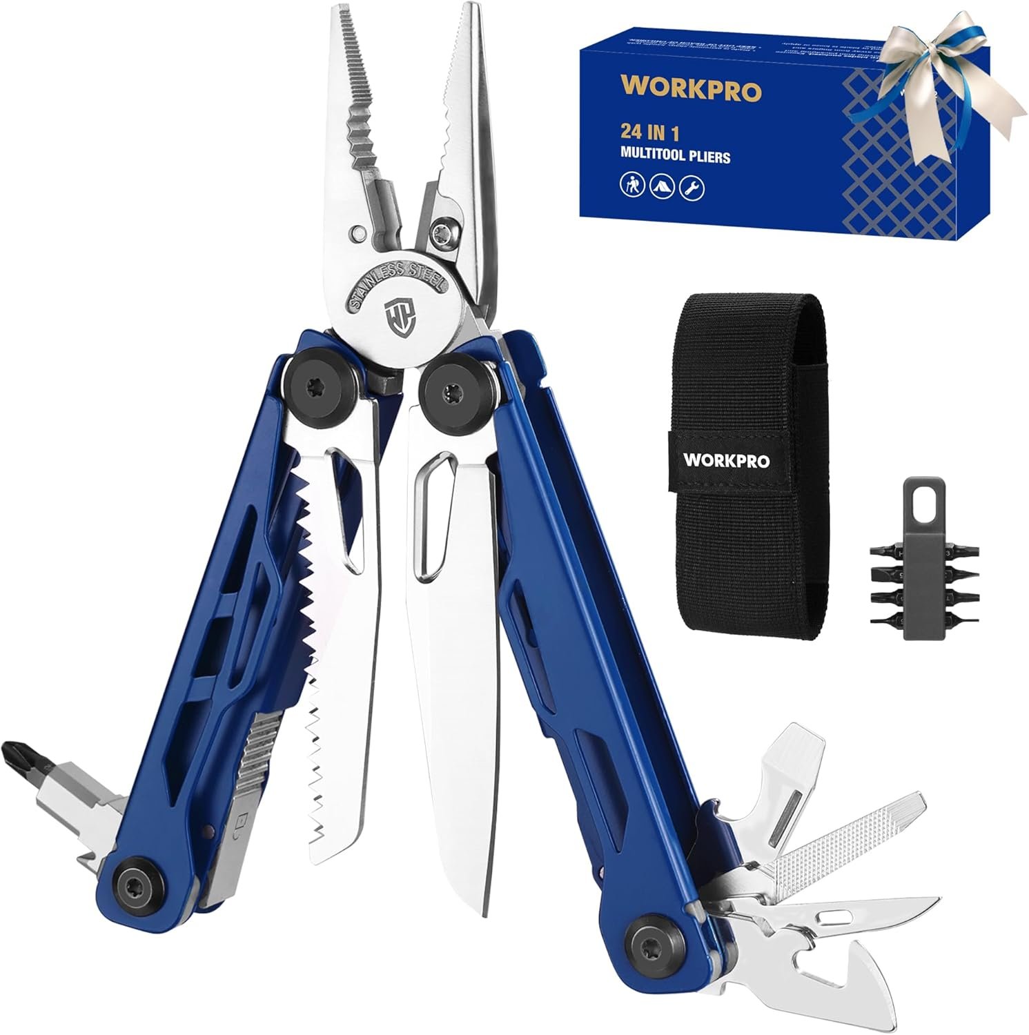 WORKPRO 24-in-1 Mutitool, Stainless Steel Multitool Pliers with Pocket Knife and Screwdrivers, EDC Self-locking Multi Tool with Sheath, Belt Clip for Outdoor Activities, Gifts for Men, Blue