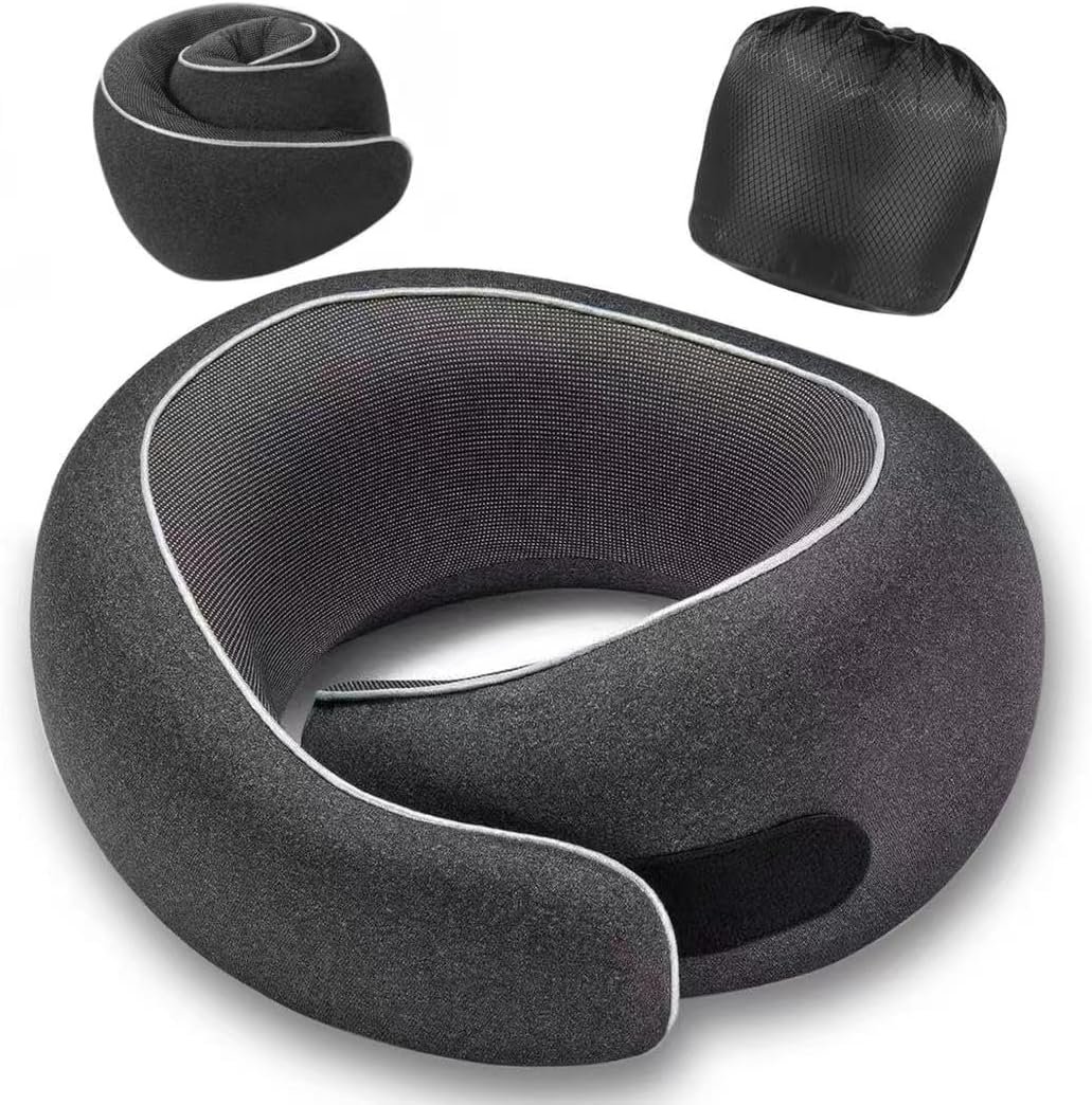Travel Neck Pillow for Airplanes, Premium Memory Foam Neck Pillow with Ergonomic 360° Support, Travel Essentials for Plane, Car, Train and Home, Max Black