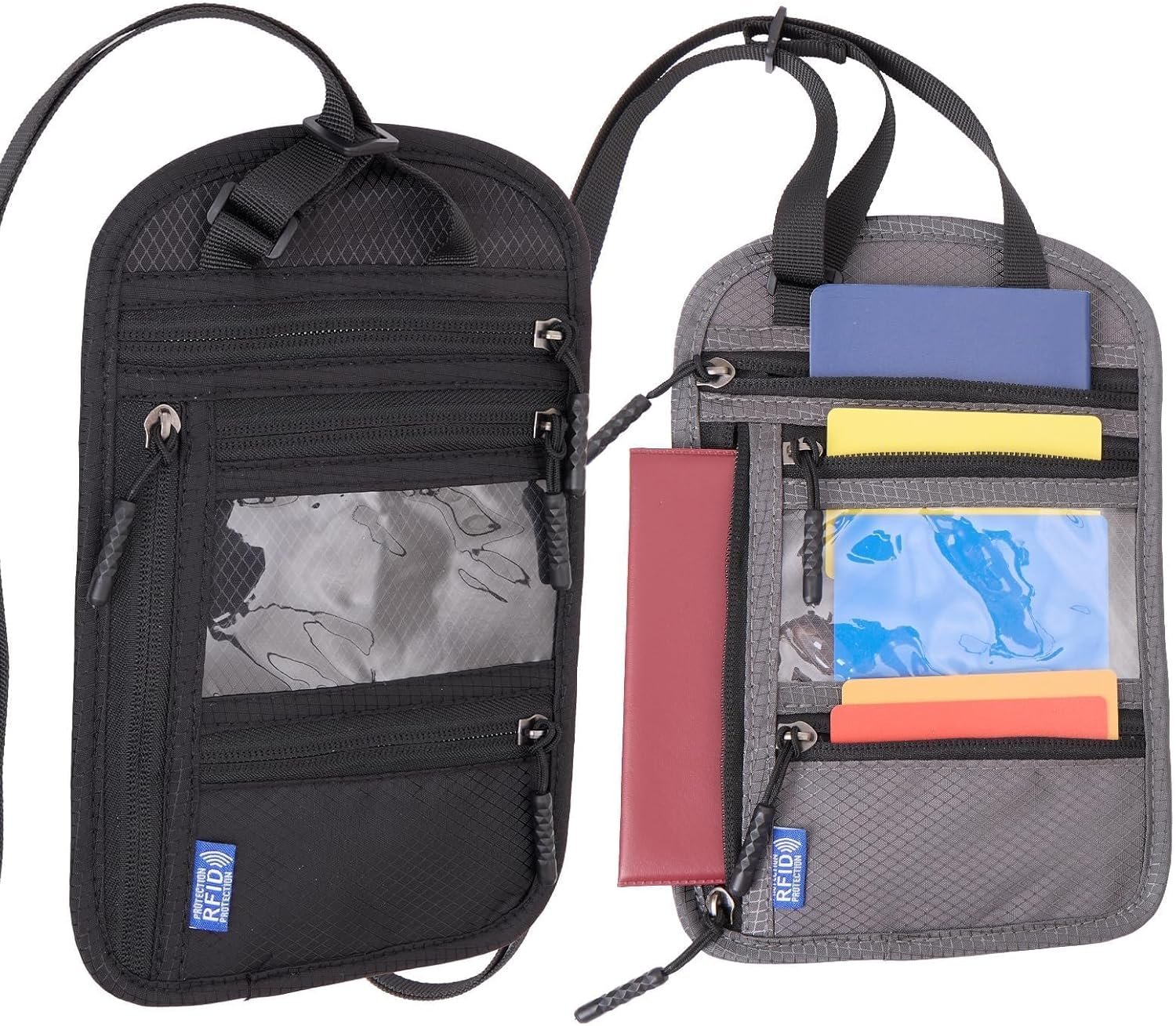 2-Pack Large RFID Blocking Passport Holder for Travel, Hidden Neck Wallet with Phone Pocket, Lightweight Under-Clothing Pouch Fits 7-inch phone & 2 Passports, Anti-Theft Organizer (Black & Dark Gray)