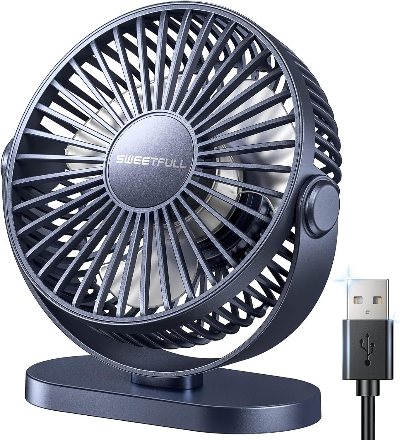 SWEETFULL USB Desk Fan Small Quiet – 3 Speeds Mini Personal Portable Fan 360° Rotation Adjustable, 5.5 Inch Office Table Cooling Gadgets on Desktop (Blue)