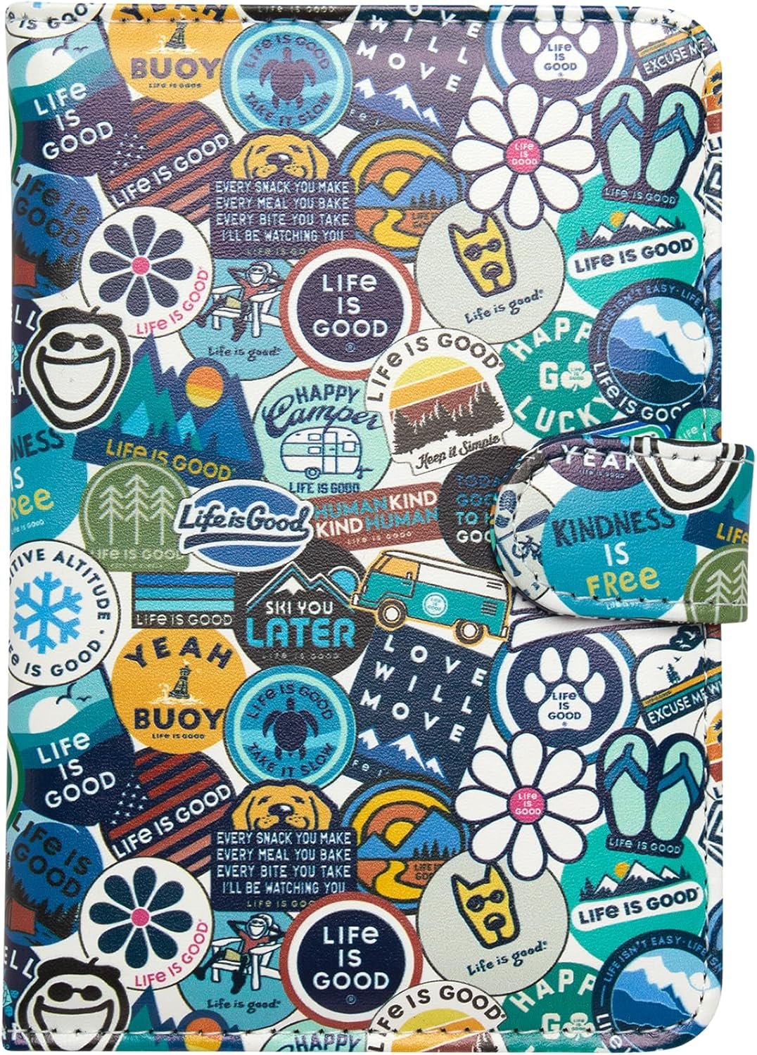 Life is Good Travel Passport Cover – Anti-Theft Passport Holder Wallet with Interior Card Slots, Magnetic Snap Closure, Newsprint