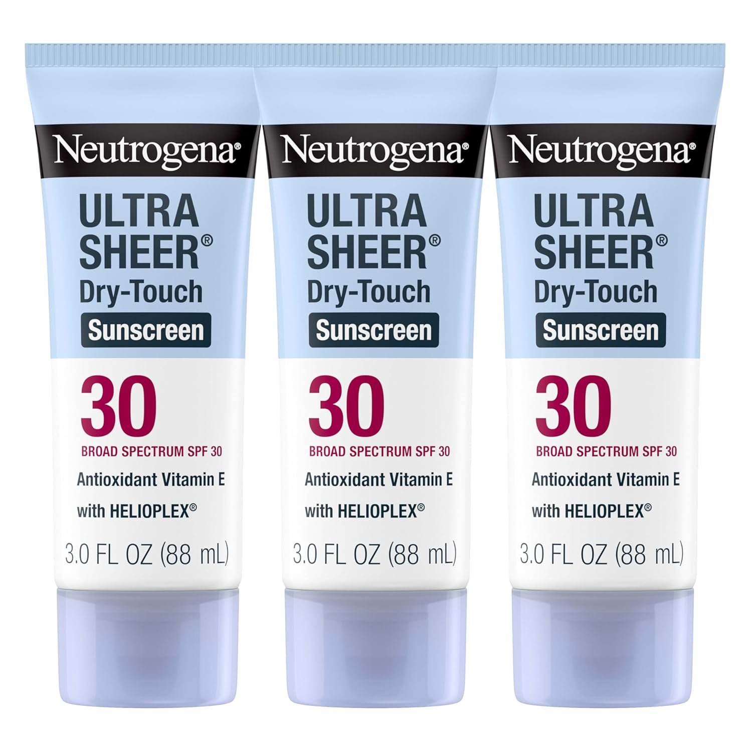 Neutrogena Ultra Sheer Dry-Touch Sunscreen for Face & Body, Helioplex SPF 30 Broad Spectrum UVA/UVB, Lightweight, Water Resistant & Non-Greasy, Hawaii Act 104 compliant, Travel Size 3 fl oz, Pack of 3