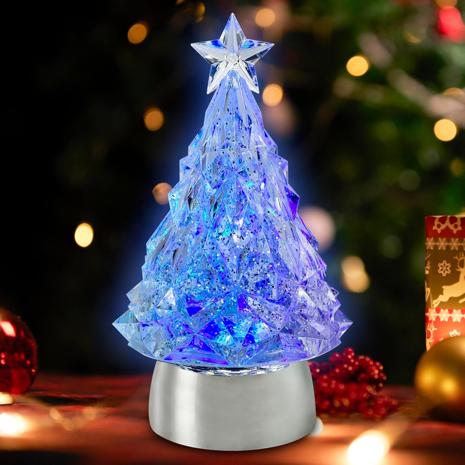 Christmas Snow Globe Lantern with Operated Water Glitters Lighted Snow Globe Lantern (Color-Changing Christmas Tree)