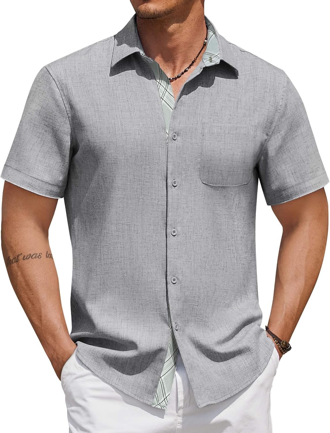 COOFANDY Mens Button Down Shirts Short Sleeve Casual Linen Shirts for Men Summer Beach Wedding Shirt